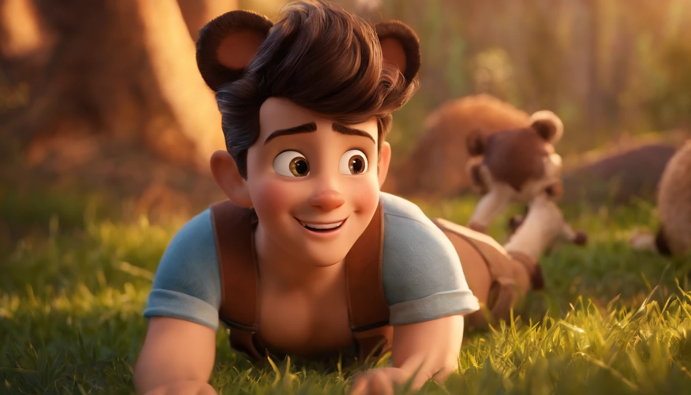 movie picture quality，Disney animation，Disney animated films，younge boy，laughing joyfully，Play games with your phone，Denim suspenders，depth of fields，high light，Real light，Ray traching，oc rendered，Hyper-realistic，best qualtiy，8K，Works of masters，super-fine，Detailed pubic hair，Correct anatomy，sharp focus on eyes，Bokeh，Facial features are carefully depicted