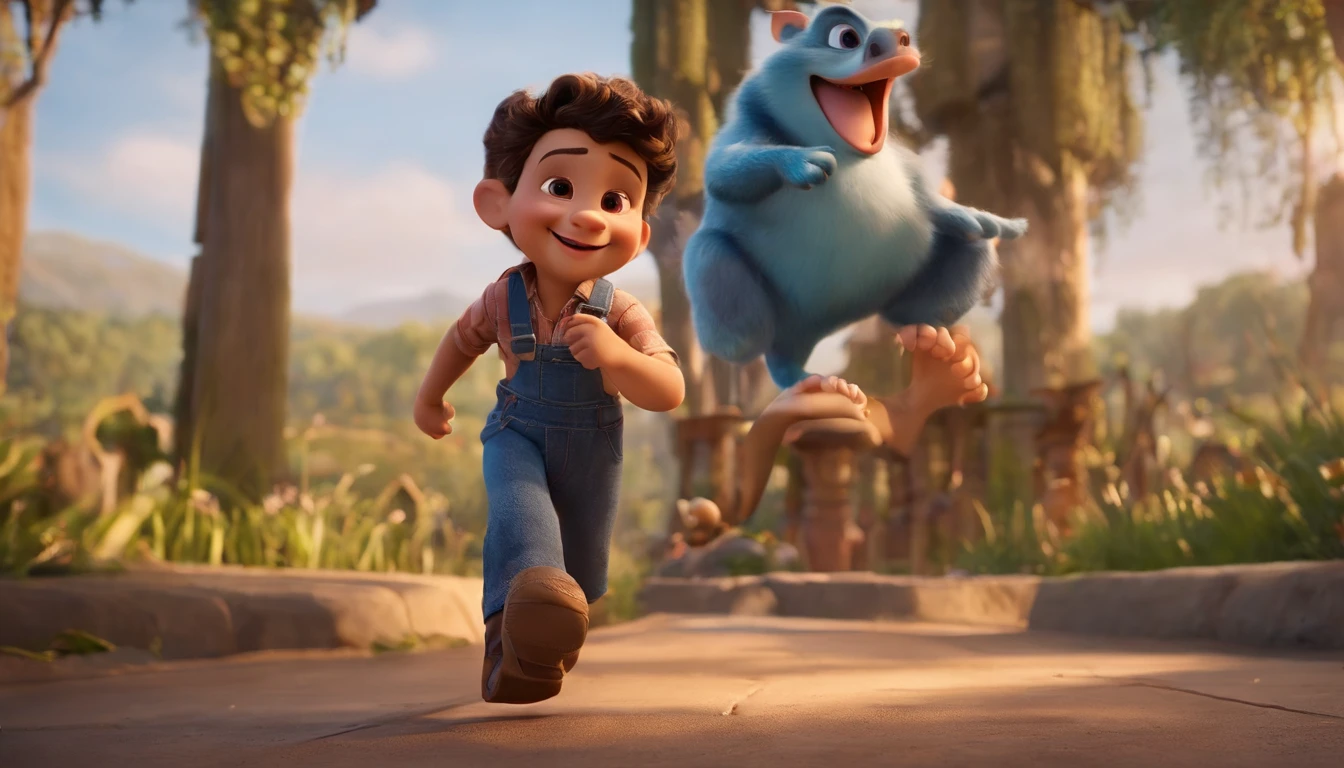movie picture quality，Disney animation，Disney animated films，younge boy，laughing joyfully，Play games with your phone，Denim suspenders，depth of fields，high light，Real light，Ray traching，oc rendered，Hyper-realistic，best qualtiy，8K，Works of masters，super-fine，Detailed pubic hair，Correct anatomy，sharp focus on eyes，Bokeh，Facial features are carefully depicted