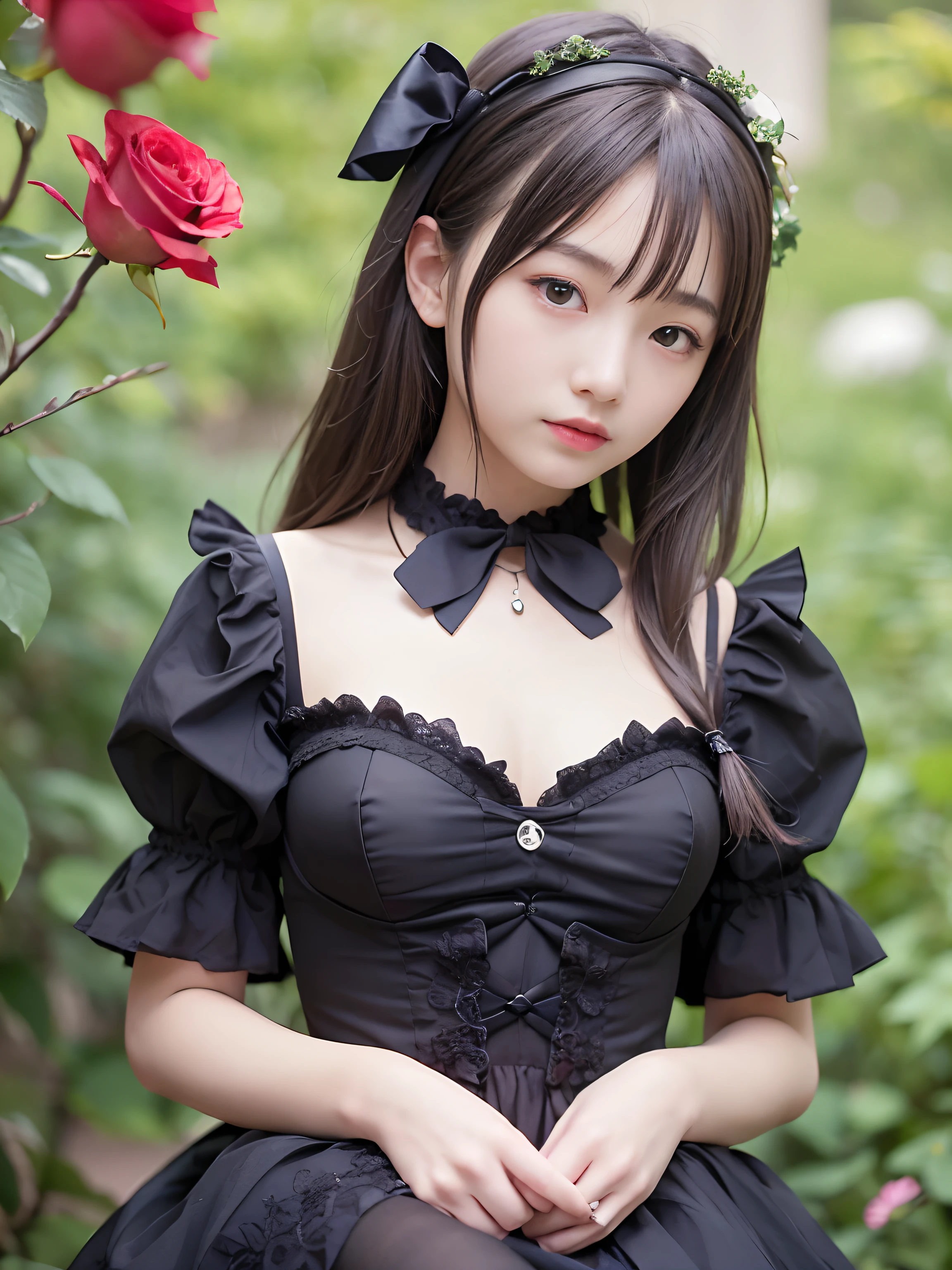 1 nogizaka girl, Extremely cute, bishojo, 16 yaers old, gothic lolita fashion, Delicate and delicate beautiful face、Eyes and skin, detailed black shine hair, elegant frills, frilled tie, Ribbon Ties, rose hair ornament, Smile at the camera, full bodyesbian, (European castle), Professional lighting, Break, (Realistic, photo-realistic:1.37), 8K, (Masterpiece), (Best quality:1.4), (超高分辨率:1.2), (RAW photo:1.2), (Delicate lace dress, Soft fabric, and beautiful rose patterns), Perfect anatomy, 4fingers and 1thumbs, Ultra detailed backgrounds, (Unity 8k wallpaper)