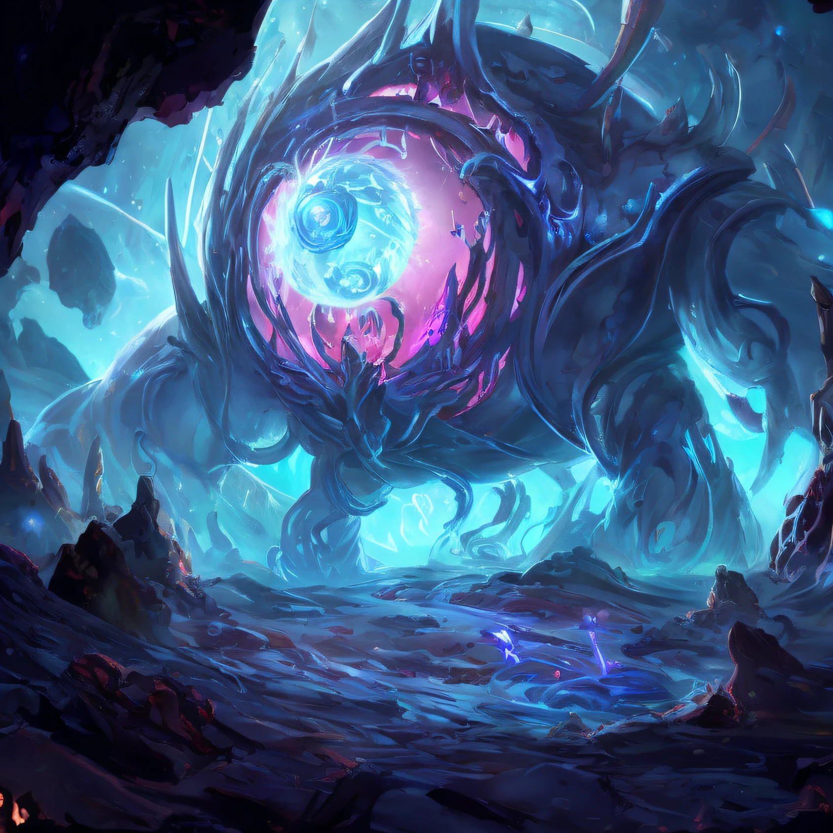 a painting of a giant alien creature with a glowing orb, Abertura de maw, Portal Vortex Banish the Elders, you looking into the maw, Arte de Hearthstone, mana fluindo em torno dele, Arte conceitual de Hearthstone da Blizzard, 8 K HD WallpaperArtefato jpeg, 8k hd wallpaperjpeg artefato, Arte conceitual de Hearthstone, Empty vortex, Estudando um portal de fenda aberta do inferno