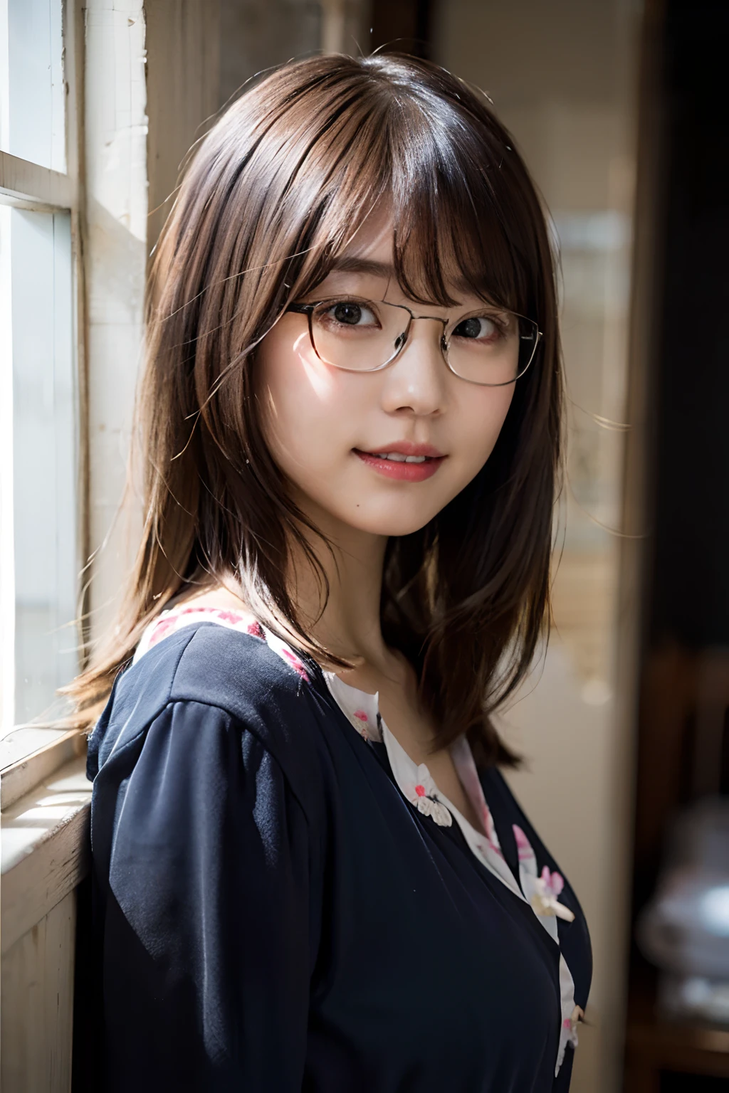 (8K、Raw photography、top-quality、masterpiece:1.2)、(realisitic、Photorealsitic:1.37)、ultra-detailliert、超A high resolution、1人、see the beholder、beautifull detailed face、A smile with a little visible teeth、(A little chubby waist) :1.3)、((Cute pajamas))、pastel clothing、Beautiful detailed skin、Skin Texture、Floating hair、((fluffy hairstyle))、large breasts with good shape、Professional Lighting、Bedroom、((Black square glasses))、Whole human body、Black hair、((Shameful appearance))、Pay attention to your audience、