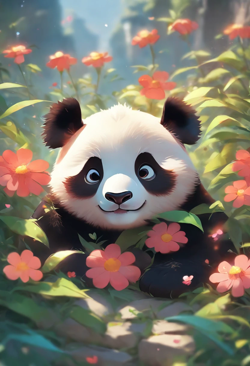 A cute panda lying on a flower，has big eyes，Blushlush，Lazy，greet，high detal