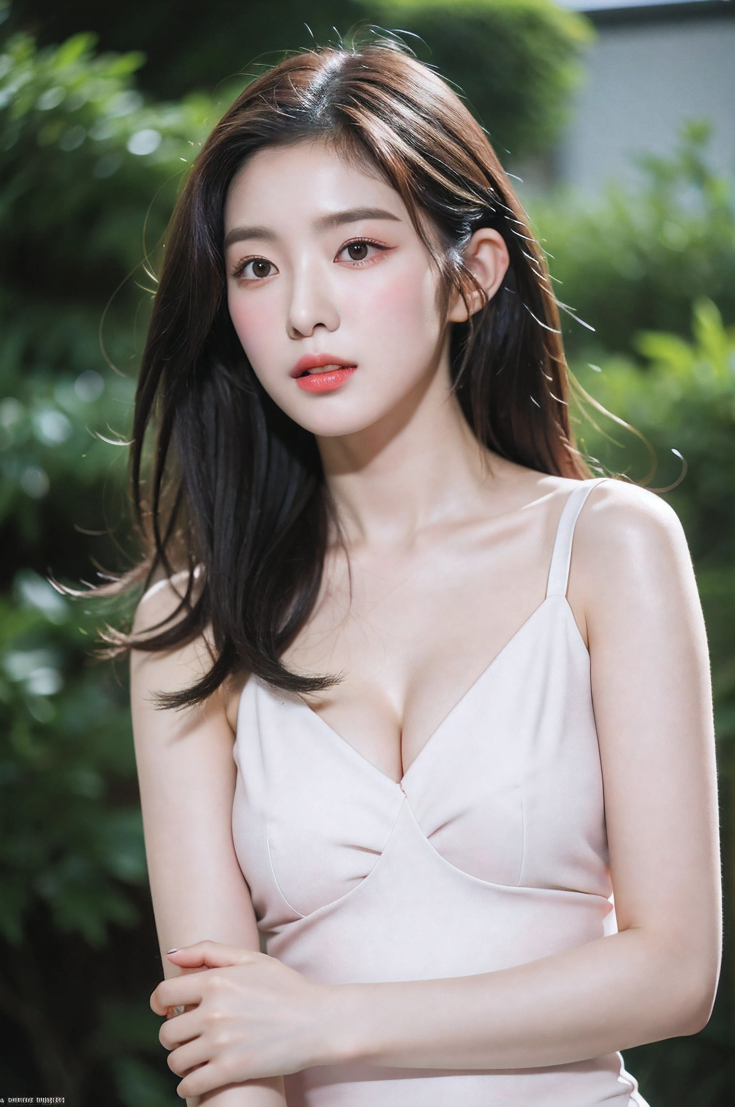 realistic photos of (1 cute Korean star) Shoulder-length hair, lip glossing, (Photorealism), medium breasts size, wearing micro dress, in the raining garden, clear facial features, 8K high resolution, sharp and realistic details.from outside, Eye-Level Shot, f/4.0, 135mm, Fujifilm, jpeg artifacts, dithering, UHD, masterpiece, (nsfw:1.4), hard nudity, Dynamic Pose