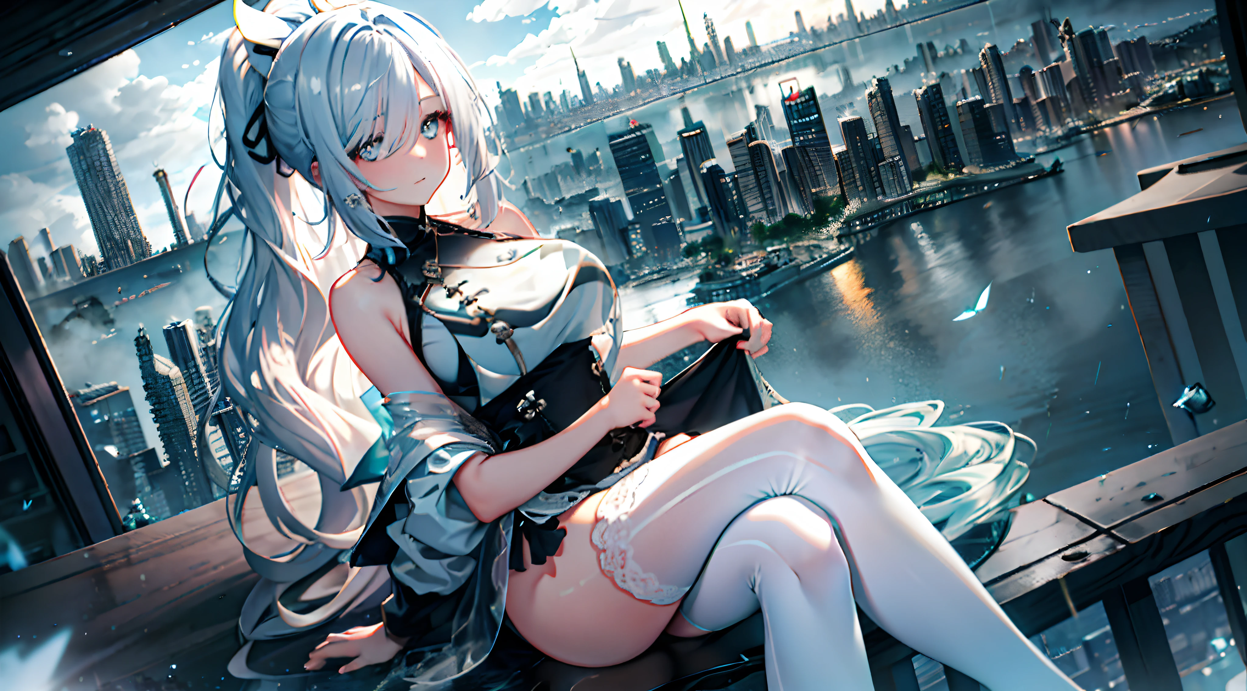 heavy rain,Under water,grabbing the breasts,Official fine art,tmasterpiece,,Nice high ponytail hairstyle,Delicate and beautiful eyes and face,realisticlying,ultra - detailed,a beauty girl,blue-sky,scenecy,Long straight hair, sexy facial expression, buliding, (Cityscape:1.7), Dynamic hair, , , paleskin, hair adornments, epic landscapes,deep in the night,Masterpiece, Best quality,Bare shoulders, white thighhighs, Hair ribbon, Large breasts,black long socks