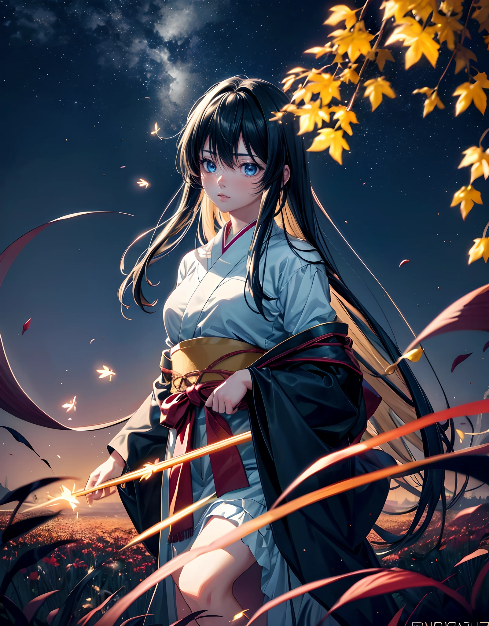 Night Landscape, Anime landscape flower field of glow flowers and lots of glow big particle around in the standing back japanese girl (the girl so far), falling down leaf, full of glow falling down leaf, fireflies, very many lots of fireflies, falling long down meteor, anime art wallpaper 4k, Top quality masterpiece, deep focus, macro shot, fliying fireflies, lots of blur cicle glow, falling leaf, falling leaf is a smooth glow light, anime, object, color combination masterpiece, dark blue morning, reflection, beautiful anime scene, japanese concept landscape art, volumetric lighting, bokeh, anime beautiful peace scene, pure lanscape, 4k beautiful anime, intricate, elegant, point of interest photography, perfect dark morning landscape anime (masterpiece, side glow lighting, finely detailed beautiful lanscape), long hair, lots of hair, ray of light, rule of third photography, point of interest photography, perfect landscape color tone, Fog, saturation glow light, solid night sky, wonderful composition, the long cloth is a composition masterpiece, lighting masterpiece