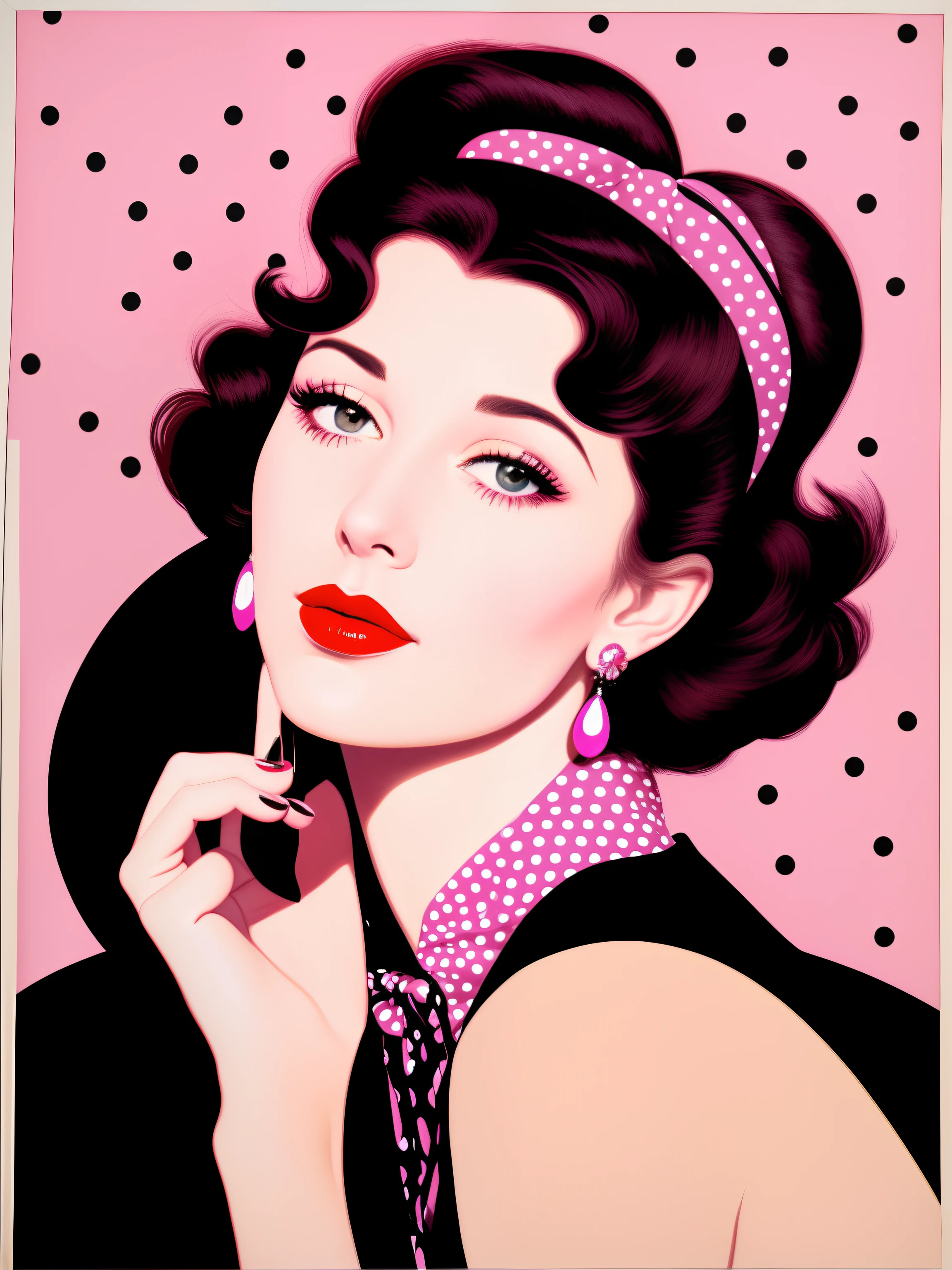 Polka dots on background Wearing pink lipstick and small black earrings、In the axis of light、 America in the 70s Mary Cassatt、patrick nagel、Looking at the camera with cynicism((Film noir))Portrait painting