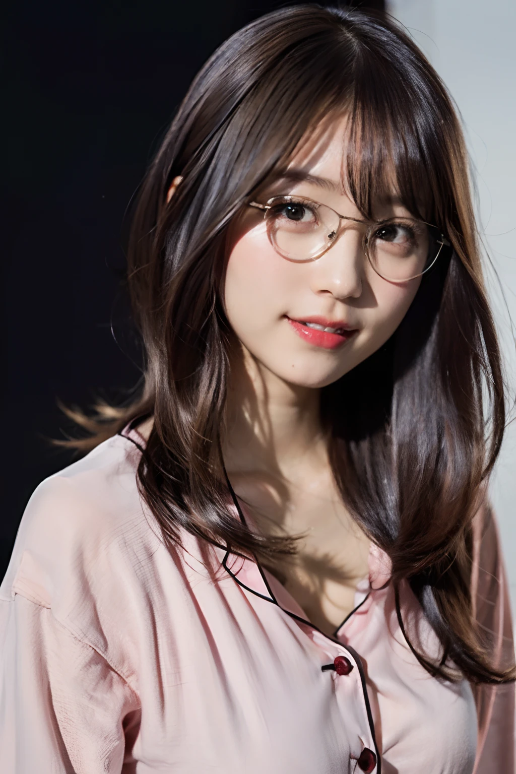 (8K、Raw photography、top-quality、​masterpiece:1.2)、(realisitic、Photorealsitic:1.37)、ultra-detailliert、超A high resolution、女の子1人、see the beholder、beautifull detailed face、A smile with a little visible teeth、(A little chubby waist) :1.3)、((Cute pajamas))、pastel clothing、Beautiful detailed skin、Skin Texture、Floating hair、((fluffy hairstyle))、large breasts with good shape、Professional Lighting、Bedroom、((Black square glasses))、Whole human body、Black hair、((Shameful appearance))、Pay attention to your audience、
