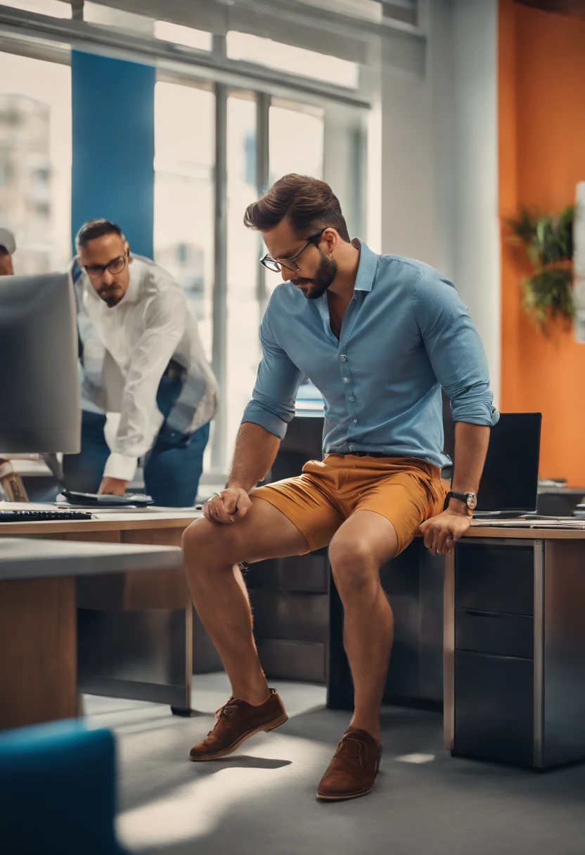 Man using shorts in the office with he friends, in work