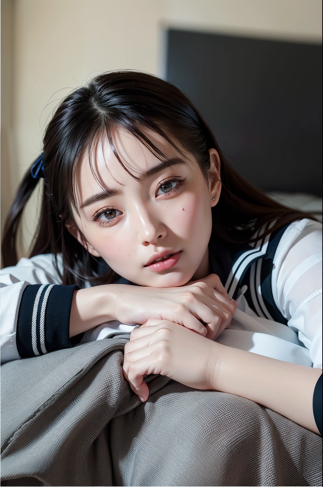 face is :9,3157126699], Realistic schoolgirl in summer white uniform, 17 age、stature　159 cm,Raw photo, (in 8K、top-quality、​masterpiece:1.2)、(intricate detailes:1.4)、(Photorealsitic:1.4)、octane renderings、Complex 3D rendering ultra detail, Studio Soft Light, Rim Lights, vibrant detail, super detailing, realistic skin textures, Detail Face, Beautiful detail eyes, Very detailed CG Unity 16k wallpaper, make - up, (detailedbackground:1.2),　shinny skin、