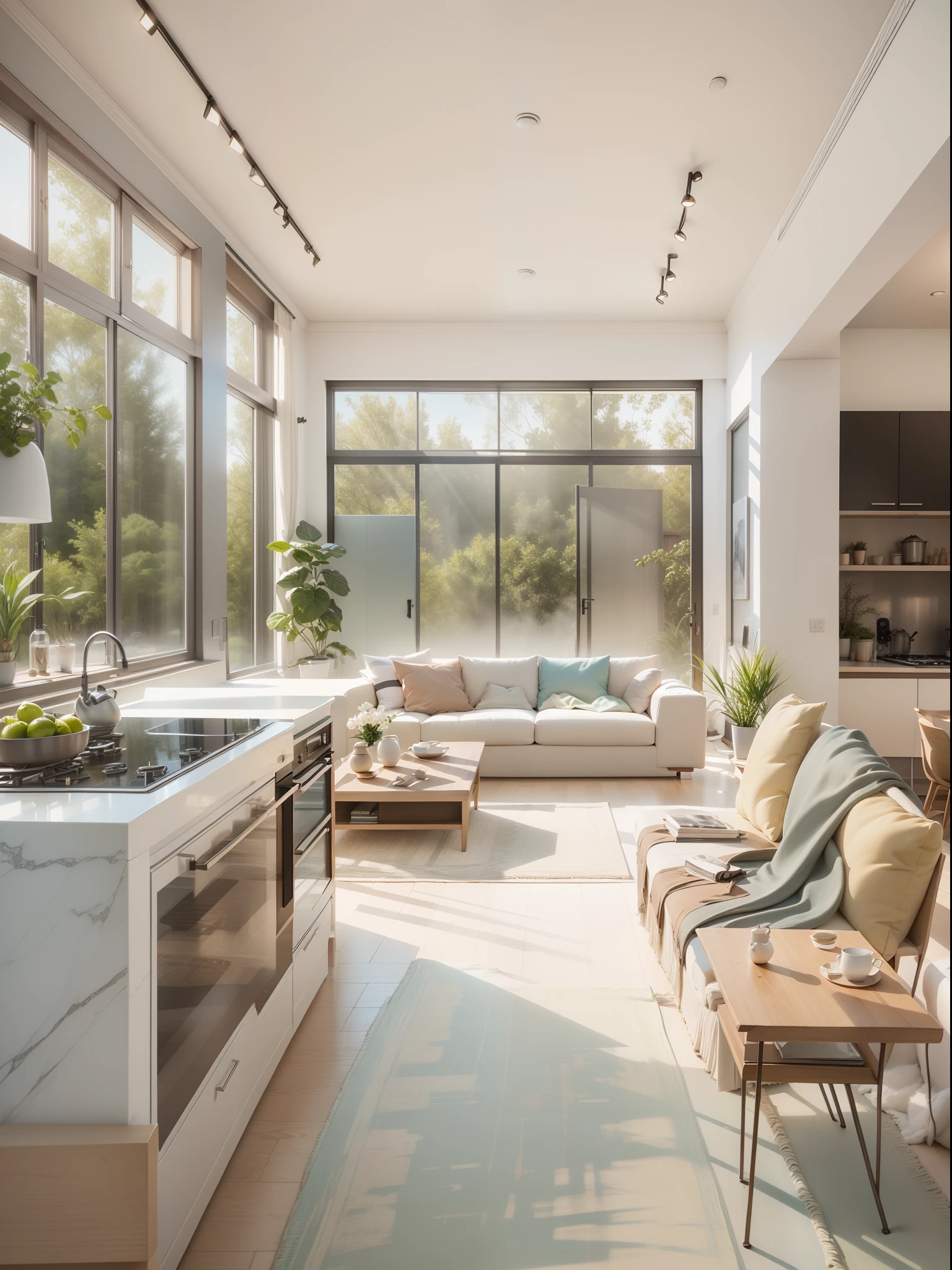Interior design, Views of living room and kitchen with island, large windows with natural light, Light colors, vegetation, Modern furniture, Skylight, modern minimalistic design, Ultra photo realsisim, Masterpiece, Highly detailed, Digital painting, Best quality, A high resolution, detailed work, Post-processing