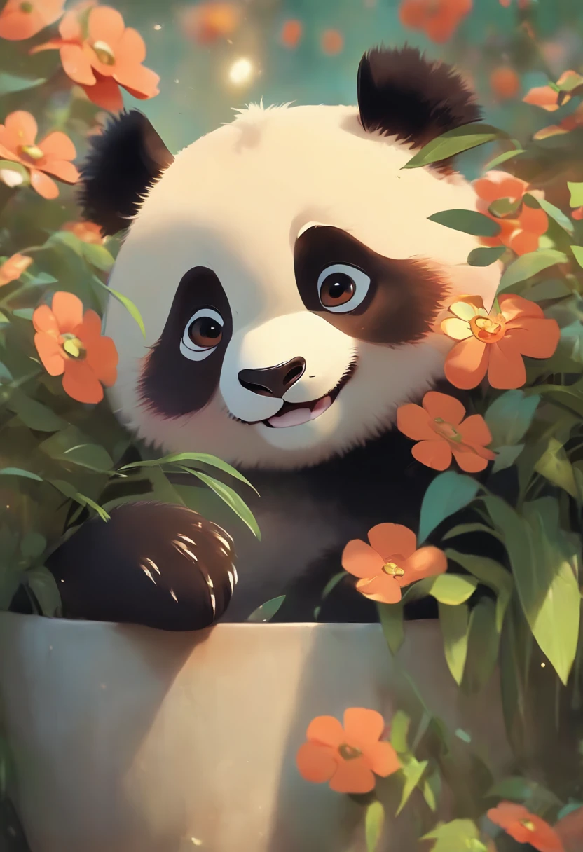 A cute panda lying on his stomach in a flower pot，has big eyes，Blushlush，Lazy，greet，high detal