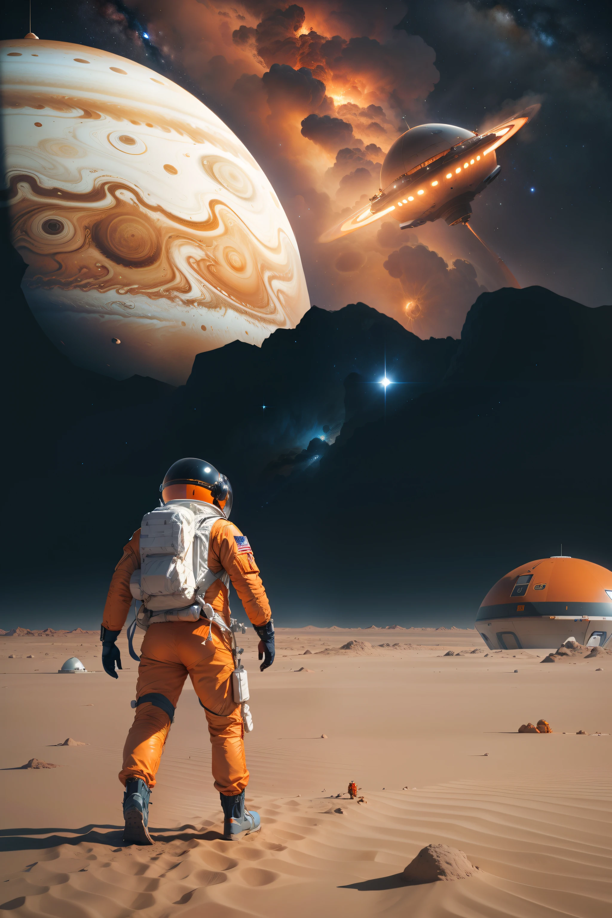 Astronauts in orange spacesuits walk alone on the surface of Jupiter,In front of it is a UFO parked with futuristic technology,Cinematic composition,Epic starry sky,orange space suit