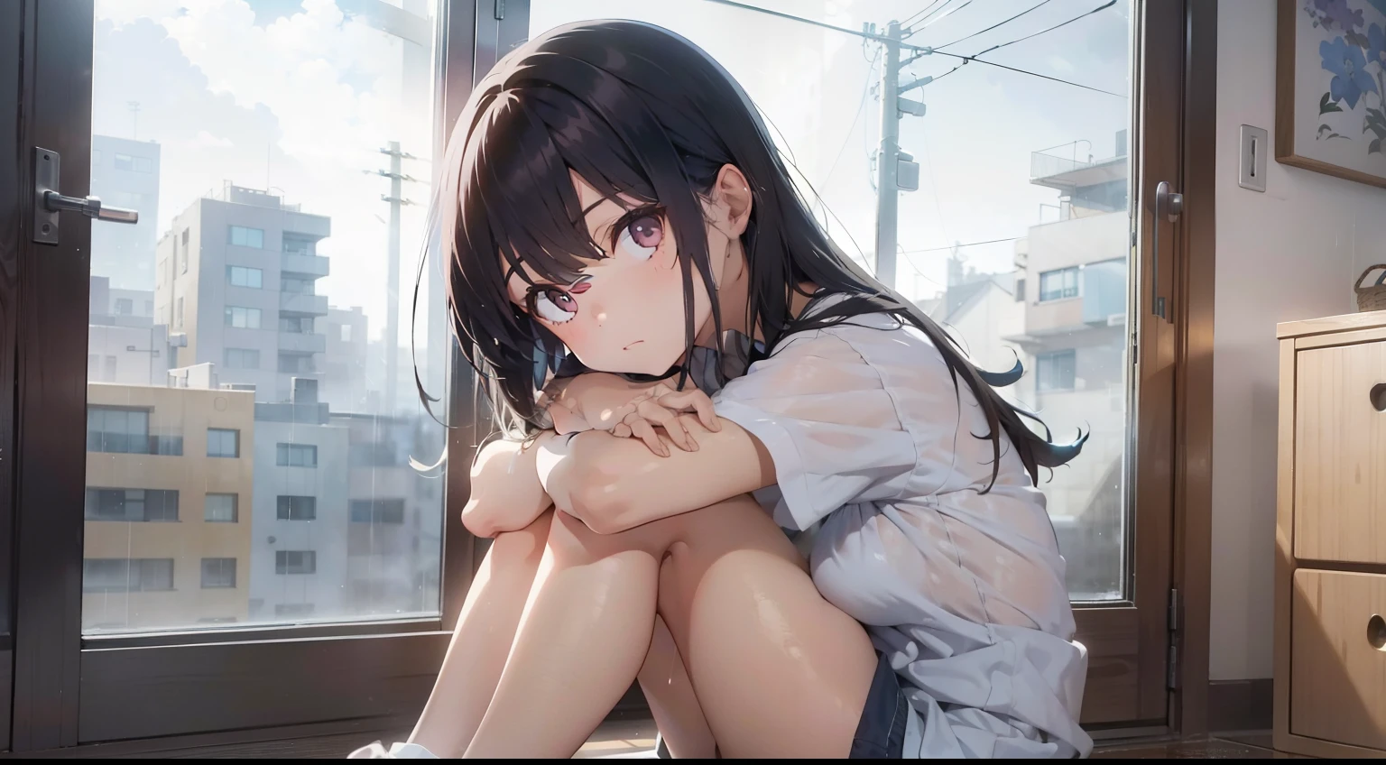 A girl sits on the floor of the room，From the window of the room, you can see that it is raining lightly outside, and it is foggy when it is close to the ground，brunette color hair，Back against the wall，And hold your legs with your hands，plethora of colors，Masterpiece，high detal，Estilo de Makoto Shinkai。