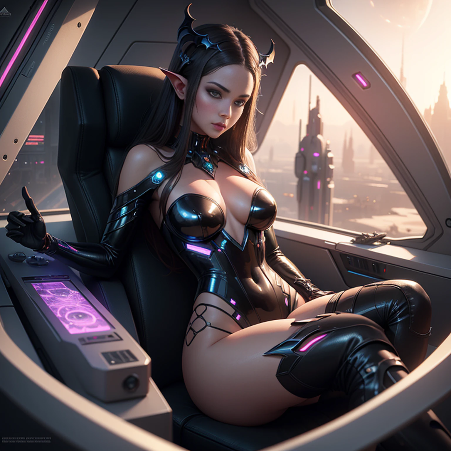 trending on artstation, masterpiece, a  succubus wearing futuristic spacesuite in a spaceship, scifi, science fiction, digital art, detailed, atmospheric lighting, dim light