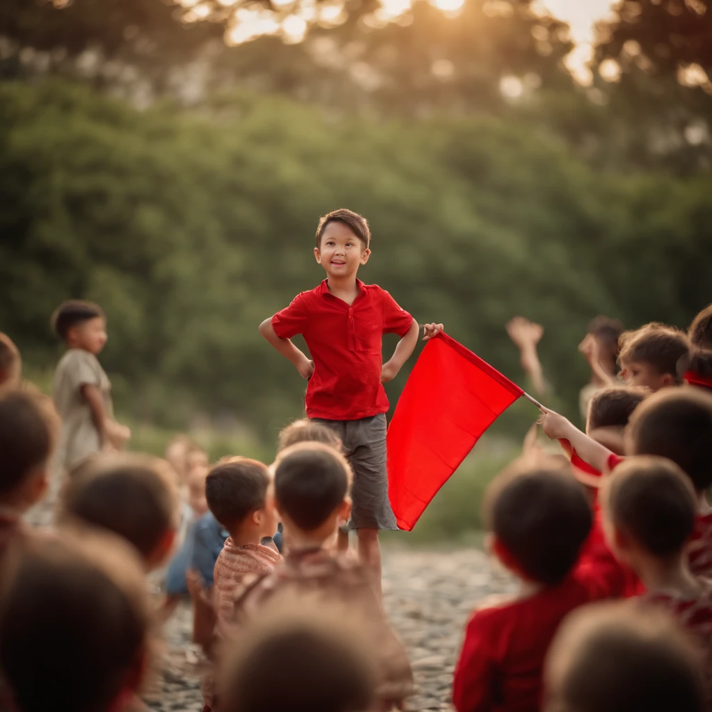 The boy raises a red flag in front of a group of children,Flag in hand, cheerful big breasts, Children, Chinese big breasts, Very excited, More details, a cheerful atmosphere,Pure red flag