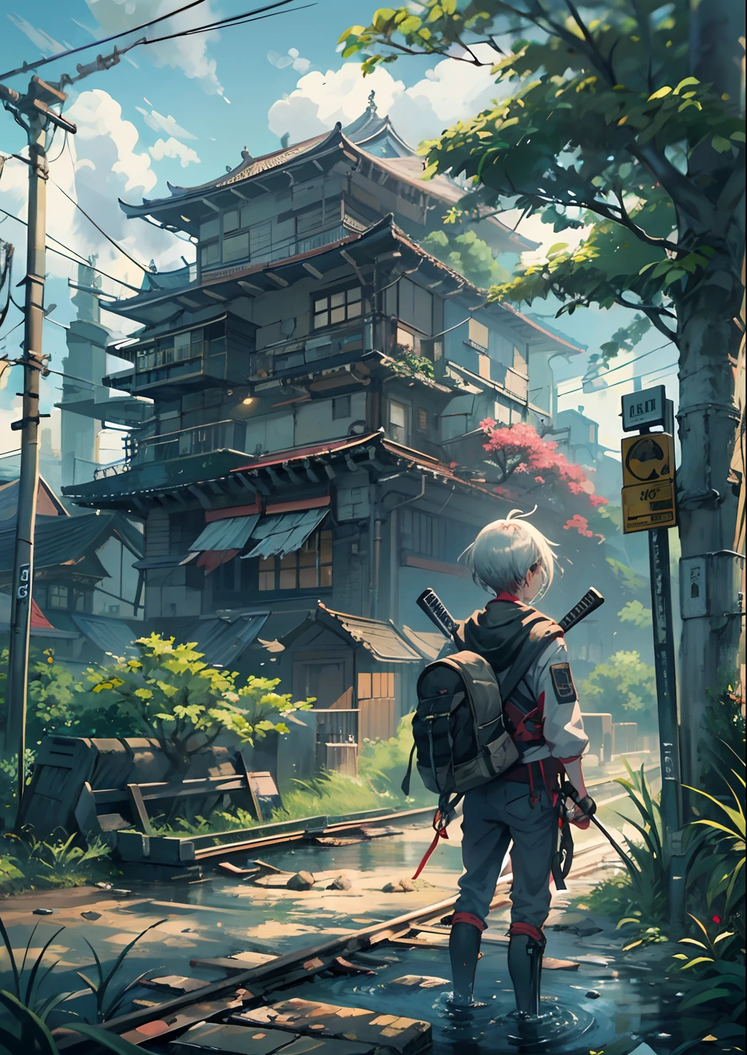 1boy,Man's ,Cyberpunk Boy、katanas,machine gun、axe、Cat's ears、silber hair、poneyTail、Whole body bloody、The beginning of the adventure、during daytime、Into the cloud、ruined and devastated city、Japan buildings、railroad crossing、Trees、Warm lighting、puddles、Good old Japan landscape、Beautiful and fantastic summer landscape、Cinematic scenery、hightquality、masutepiece,8K、hight resolution、ultra-detailliert,