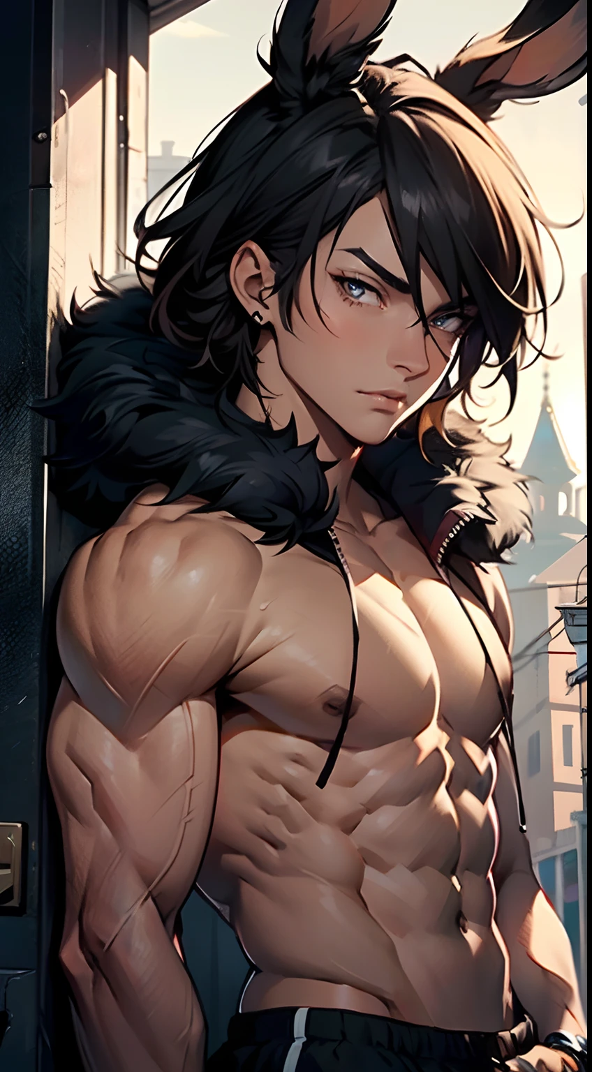 4K, high resolution, Best quality, Masterpiece, perfect colors, perfectly shaded, Perfect lighting, posted on e621, (by Chunie), Furry, anthro, Furry art, ((Portrait)), Male wolf, gray wolf, (two-toned fur), hairy bodies, Blue eyes, (Seductive look:1.2), fit body, perfect male figure, Wear men's shorts,Abs，musculature,Detailed fur, Detailed face, Perfect face, (The stands up), Detailed background, ((Bonifasko lighting)), Wolf tail, (Detailed eyes), perfect pupils