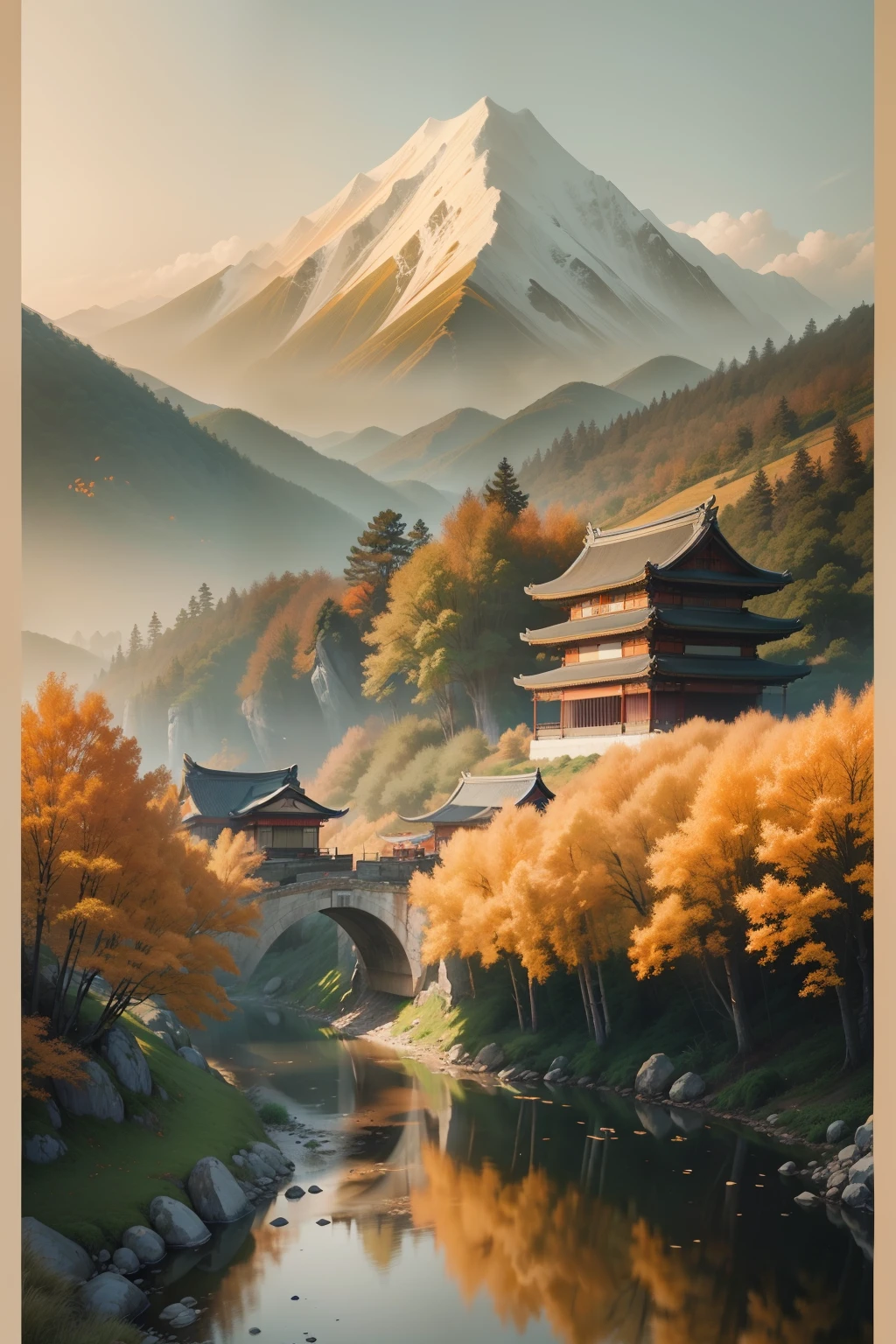 Chinese murals with rural scenery, Light orange and light gray style, Layered landscape, Japanese style art, monumental murals, Ricoh FF-9D, Golden Age aesthetics, Exotic landscape, horizontal photo