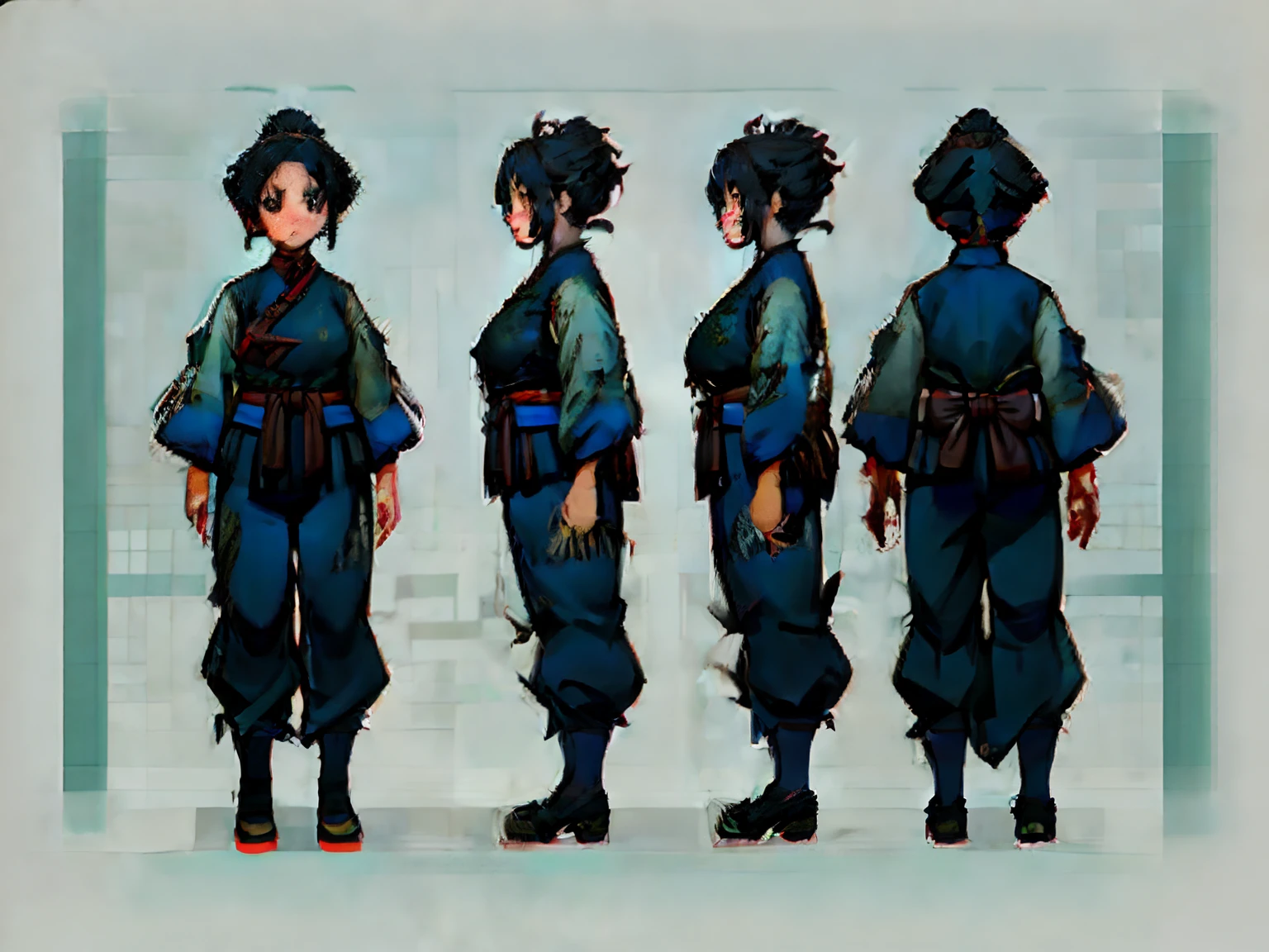 ((masterpiece)),(((best quality))),(character design sheet,Same role,frontage,Lateral face,on back),illustration,1个Giant Breast Girl,Hair color,By bangs,hairstyle fax,Eyes,The environment changes,hairstyle fax,female pervert,blue hairs,Chinese Hanfu,Zombie suit