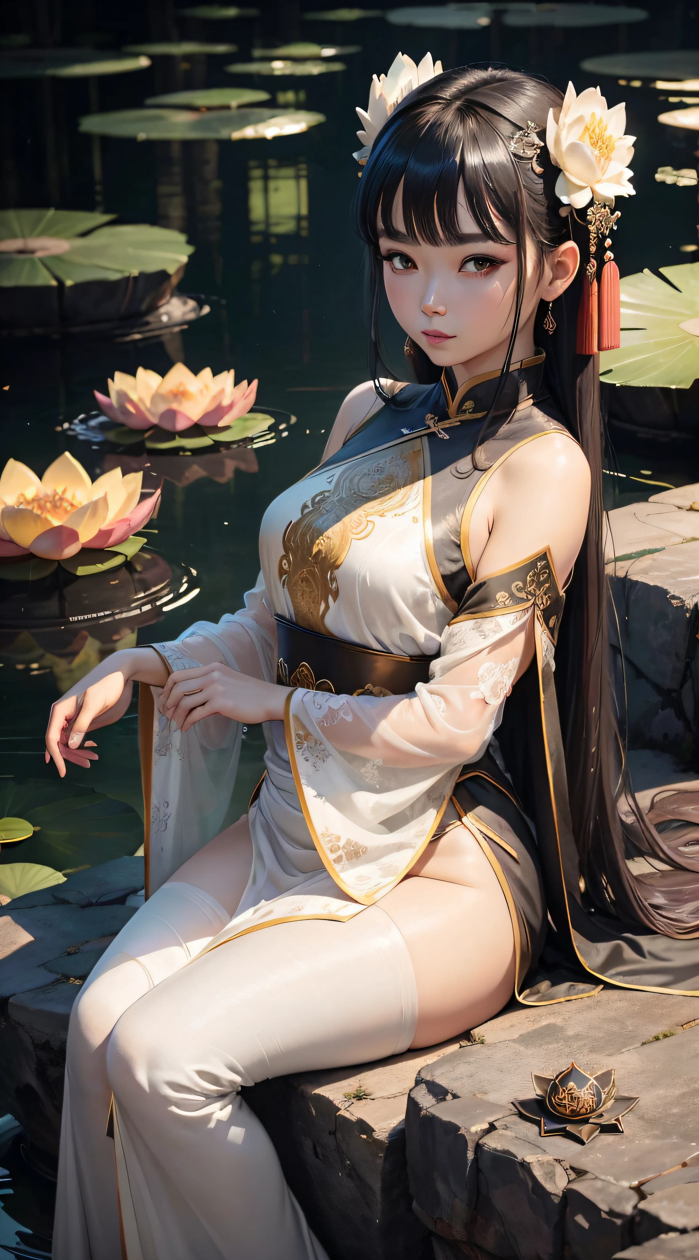 Beauty, sexy, bare breast, cleavage, bare legs, see-through, , Hanfu, wet, clear, realistic, highest detail, Chinese mythology, dragon pattern, phoenix, sacred, holy, countless palaces in the distance, clouds, golden light, golden lotus, huge pool (tianchi bathing), men peeping in the distance