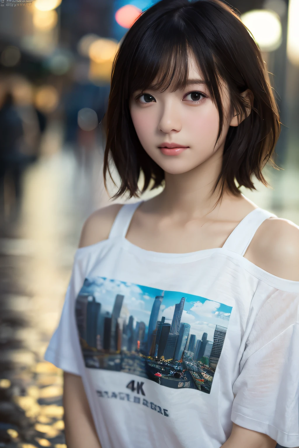 Random Pose, mix4, (8K, RAW photo, best quality, masterpiece: 1.45), (Realistic, photorealistic: 1.37), One girl, cute, cityscape, night, rain, wet, professional lighting, photon mapping, radiosity, physically based rendering, gradient black hair, short curly hair, handsome, girl, t-shirt, top quality photos, high resolution, 1080p, (Clear Face), (Detailed Face Description), (Detailed Hand Description), (Masterpiece), (Exquisite CG), Extreme Light and Shadow, Tousled Hair, Masterpiece, Rich Detail, (Fine Facial Features), (Best Quality Photo), (Masterpiece), (Fine Eyes), Look In Front of You, Fine Clavicle,