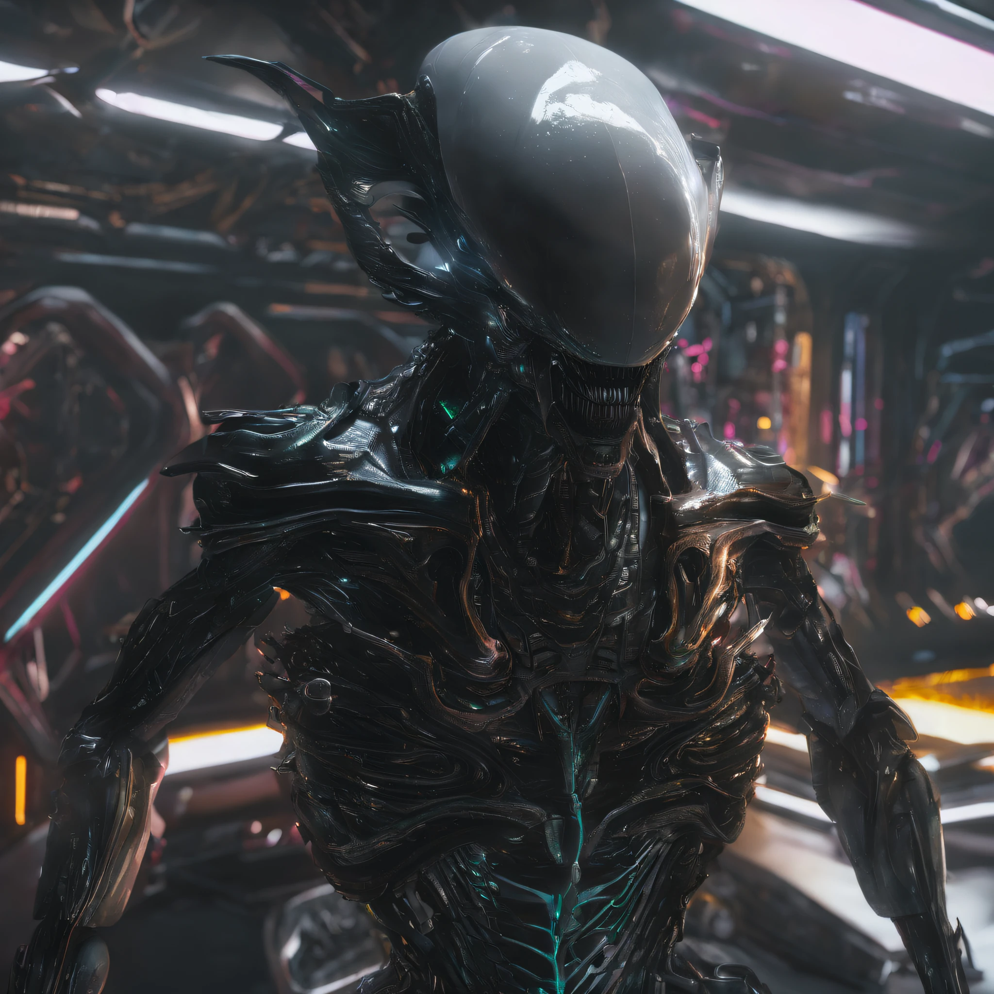 An alien，Ogre，Solo，full bodyesbian，Humanoid，dynamicposes，It has refined features in a sci-fi environment,with light glowing, Sparks and lights, best qualtiy，tmasterpiece，Photorealsitic, Highly detailed, iintricate，unreal 5 render，
