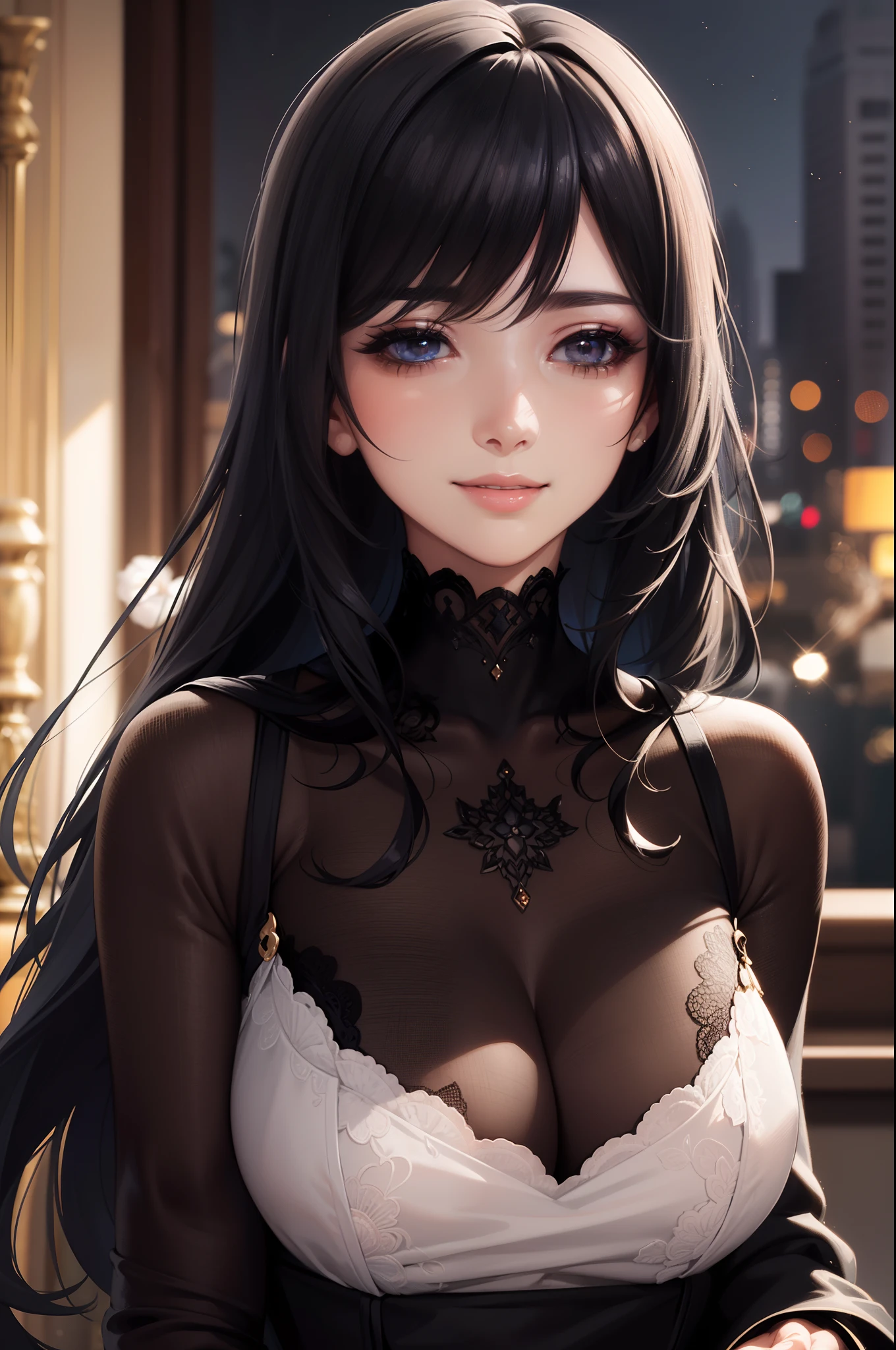 (Ultra realistic, super detailed, 8k), A beautiful, serene woman, black hair, black eyes, looking at viewer, smiling gracefully, covered gown, a touch of warmth, (2d illustration:1.2), bokeh effect, depth of field,