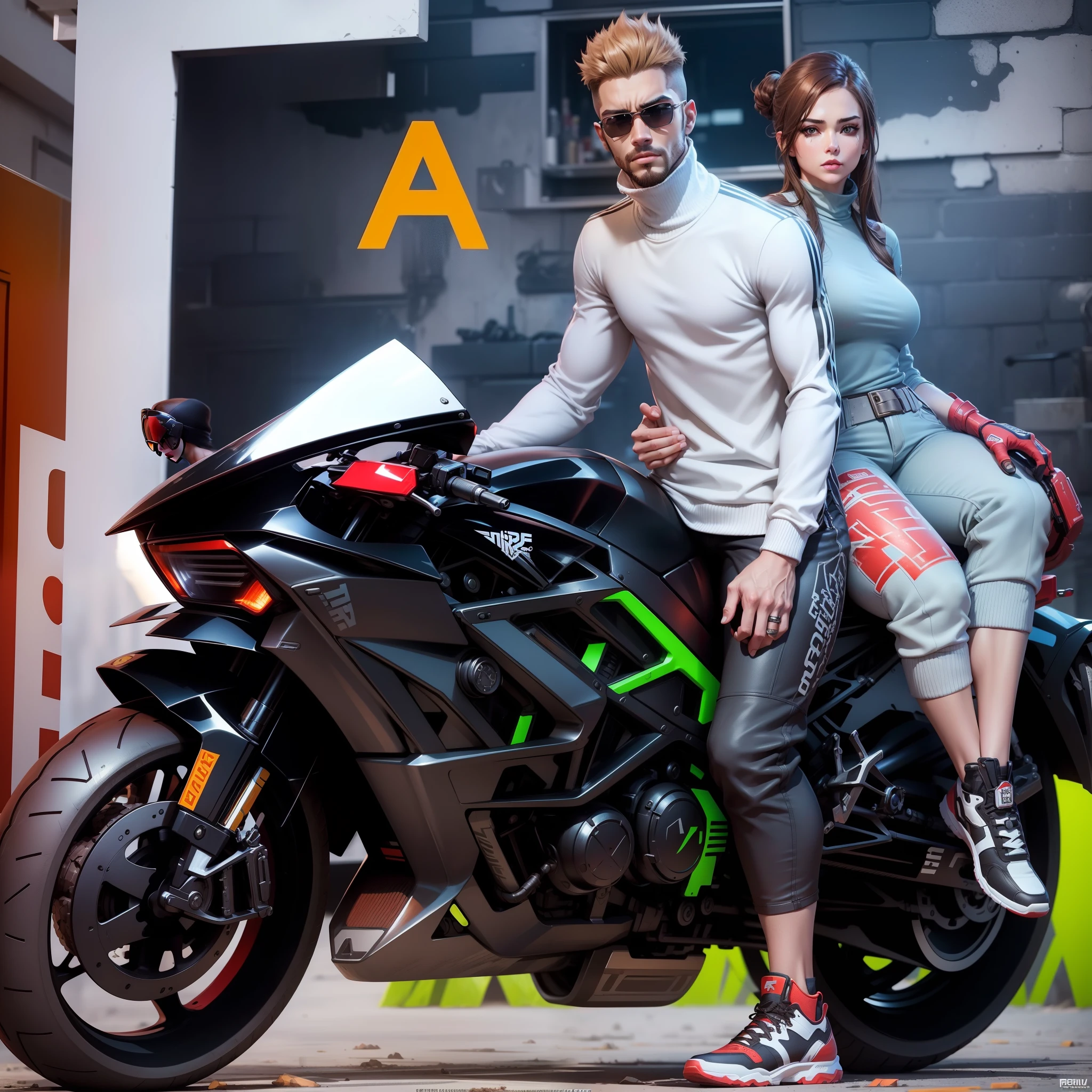 A free fire gaming character sitting on superbike (freefire game character) full hell background, hd ultra with 8 pack body muscles attitude pose  free fire male character with a beautiful and hot girl wearing a sunglass (beautiful and hot girl wearing a sunglass with brown hair colour)