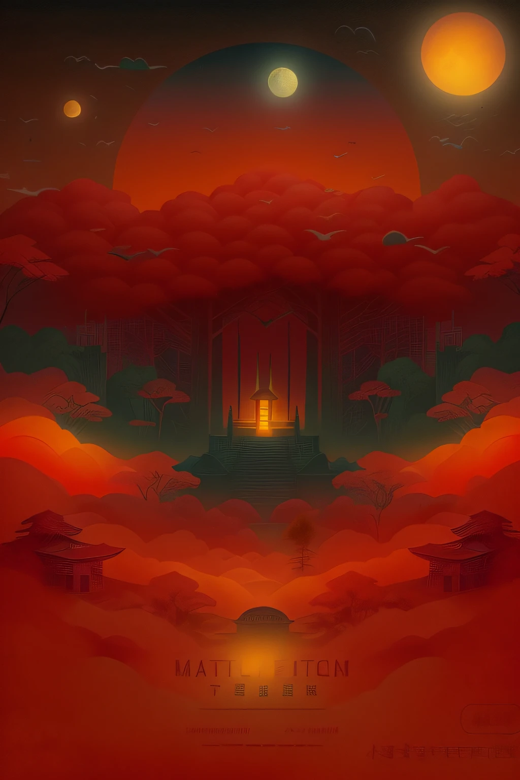the poster for an autumn festival witha temple, moon in the sky, in the style of gauzy atmospheric landscapes, romantic illustration, precisionist art, illustration, traditional color scheme, high-contrast shading, tropical landscapes