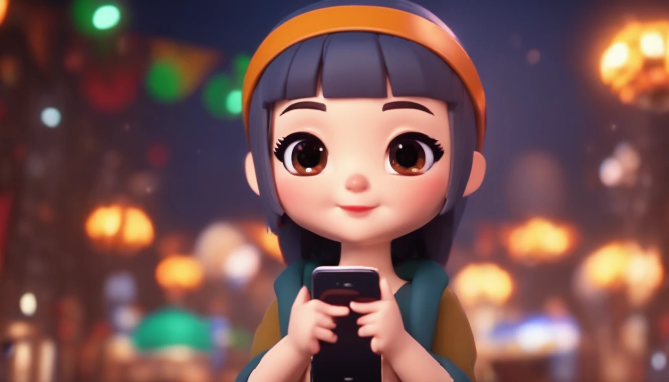 Create 3D pixel animations, A young beautiful chibi girl holds a smartphone and shows OK sign