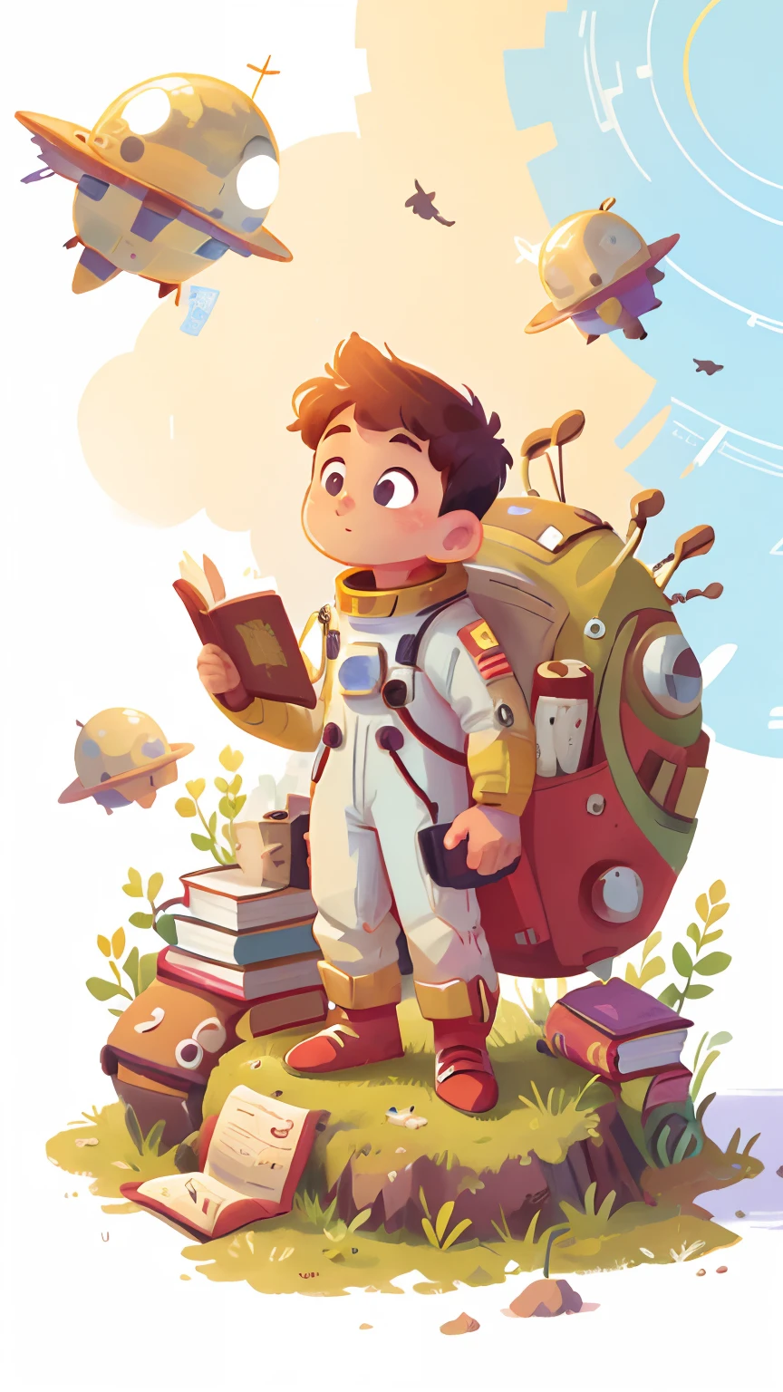 illustration of boy in space suit standing on a mound, white background, book cover, colorful