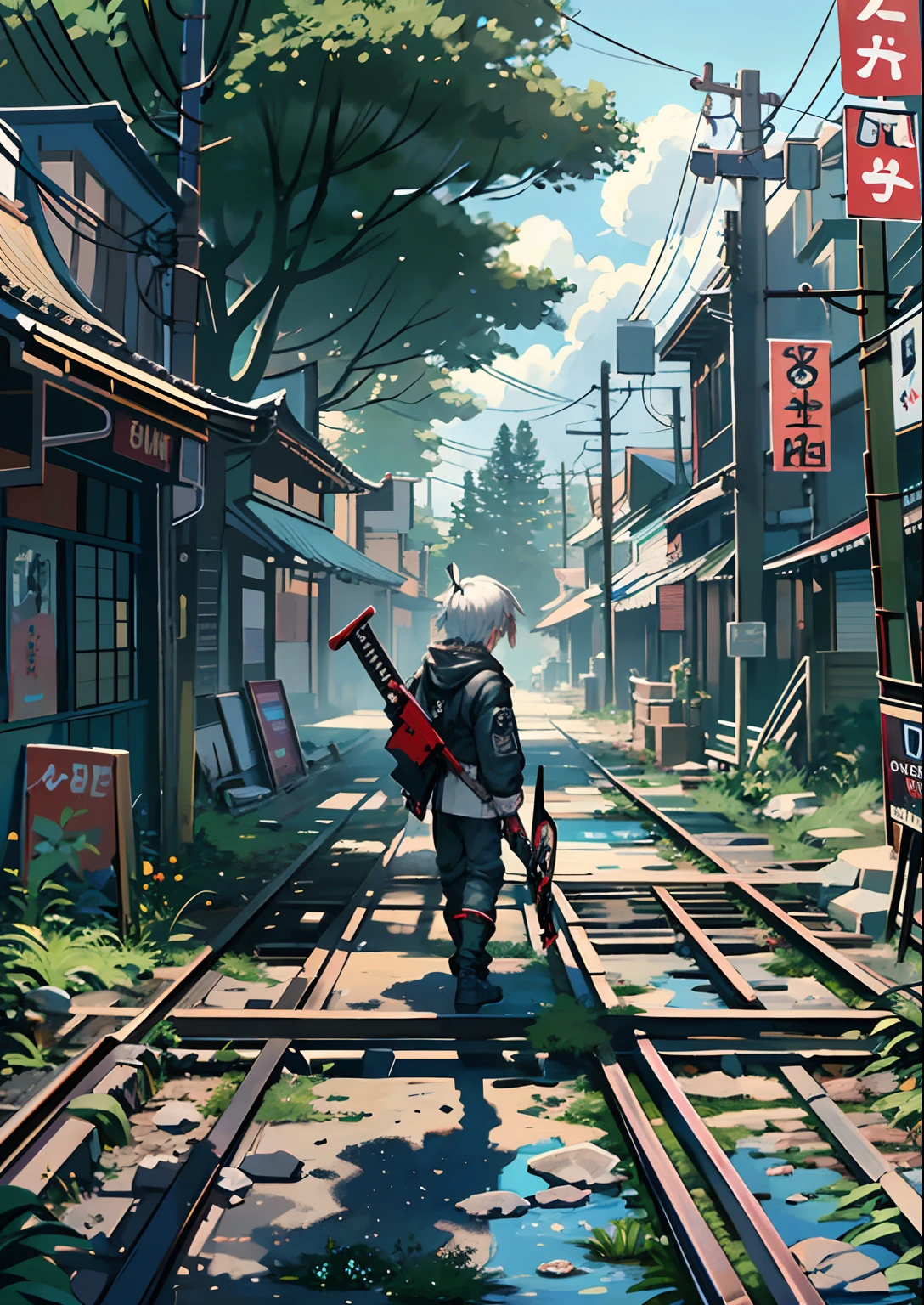 1boy,Man's ,Cyberpunk Boy、katanas,machine gun、axe、Cat's ears、silber hair、poneyTail、Whole body bloody、The beginning of the adventure、during daytime、Into the cloud、ruined and devastated city、Japan buildings、railroad crossing、Trees、Warm lighting、puddles、Good old Japan landscape、Beautiful and fantastic summer landscape、Cinematic scenery、hightquality、masutepiece,8K、hight resolution、ultra-detailliert,