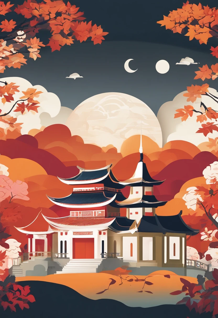 the poster for an autumn festival with
a temple, moon in the sky, in the style of gauzy atmospheric landscapes, romantic illustration, precisionist art, illustration, traditional color scheme, high-contrast shading, tropical landscapes