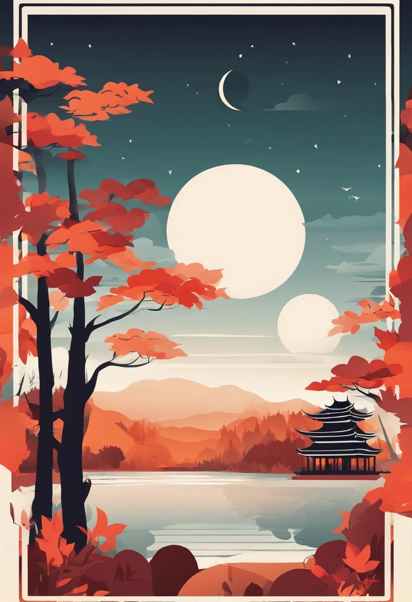 the poster for an autumn festival with
a temple, moon in the sky, in the style of gauzy atmospheric landscapes, romantic illustration, precisionist art, illustration, traditional color scheme, high-contrast shading, tropical landscapes