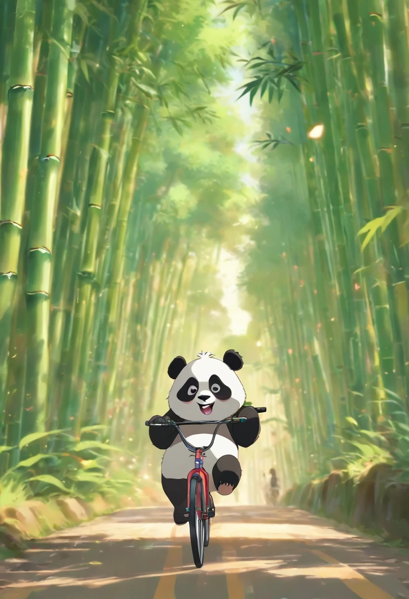 A cute panda is riding a bike,riding on the road, bamboo forrest, Cycling!!, In the distance, Short shots, hills in the background, long shot from back, Green bamboo forests stretch for miles, with his back turned, looking towards the horizon, shot on iphone,Road bikes,Background shooting