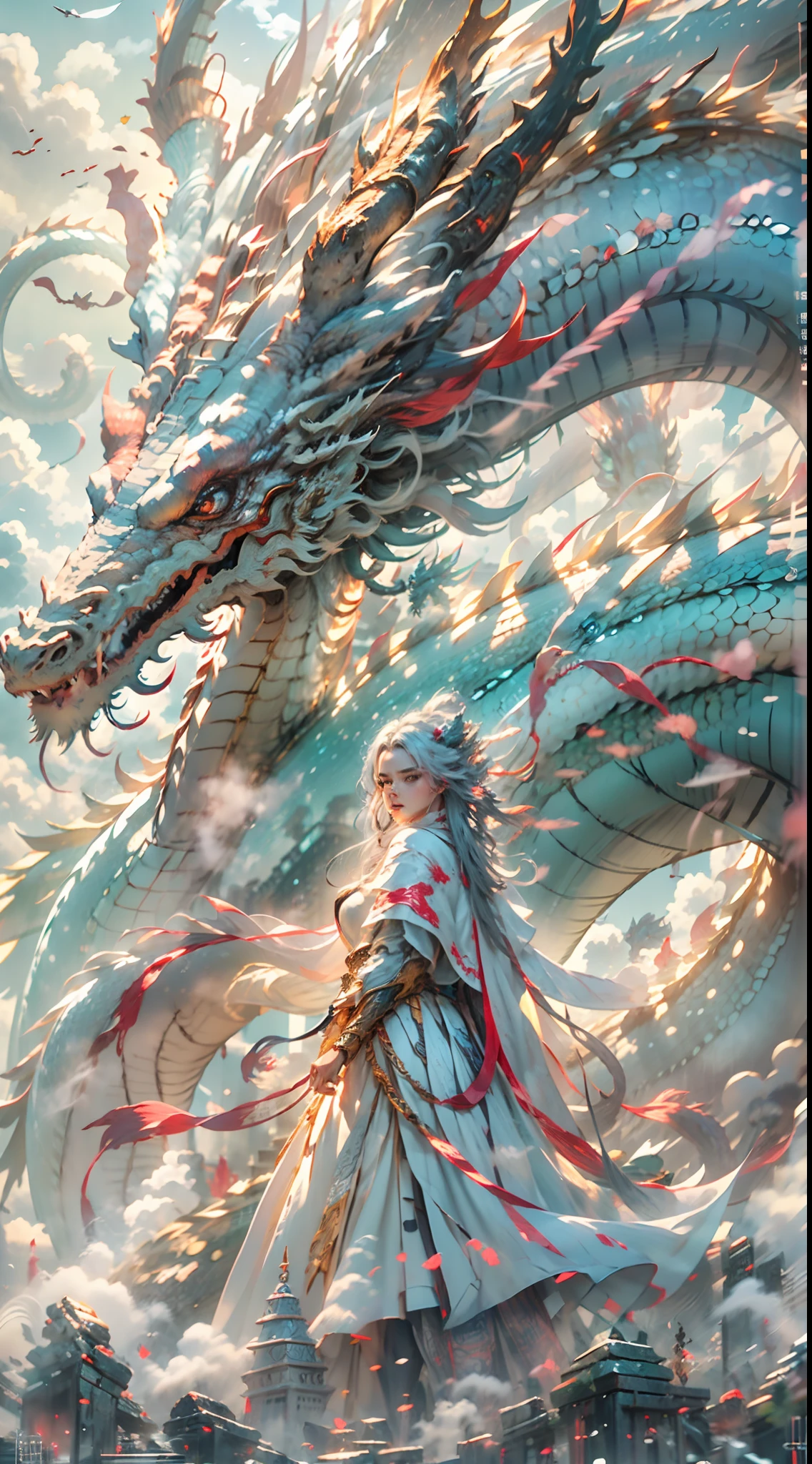 The Chinese White Divine Dragon soared into the air,(Girl manipulates dragons:1.3),(The girl has her back to the camera:1.3),Girls are smaller,Sky clouds surround the surroundings,Light magic,Fantastic background,Meaning background,Ridiculous background,There are artistic overlays,multicolored hair, surrealism, Cinematic lighting, Ray tracing, god light, speed-line, angle of view, hyper HD, Masterpiece, Best quality, Super detail, A high resolution, High quality,(Far view:1.3)