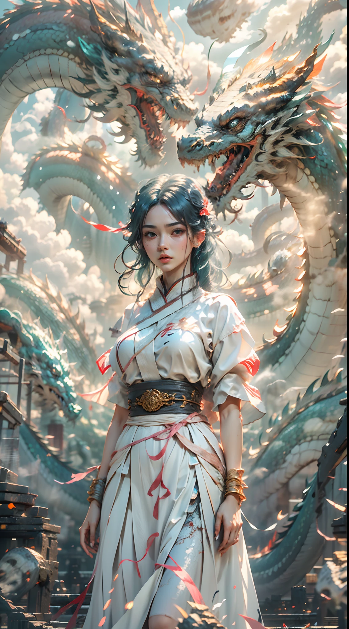 The Chinese White Divine Dragon soared into the air，（Girl manipulates dragons：1.3），（The girl has her back to the camera：1.3），Girls are smaller，Sky clouds surround the surroundings，Light magic，Fantastic background，Meaning background，Ridiculous background，There are artistic overlays，multicolored hair, surrealism, Cinematic lighting, Ray tracing, god light, speed-line, angle of view, hyper HD, Masterpiece, Best quality, Super detail, A high resolution, High quality，（Far view：1.3）