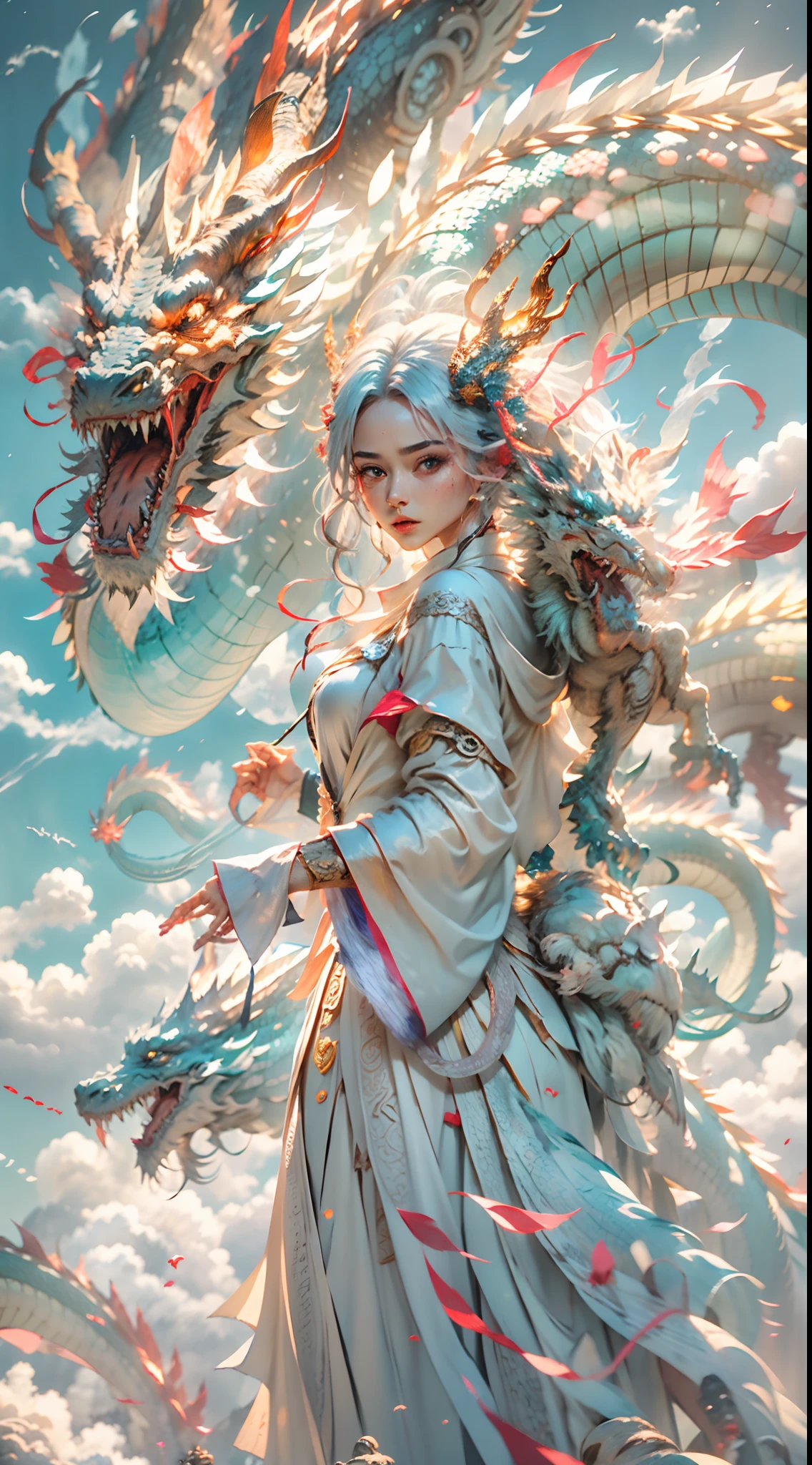 The Chinese White Divine Dragon soared into the air,(Girl manipulates dragons:1.3),(The girl has her back to the camera:1.3),Girls are smaller,Sky clouds surround the surroundings,Light magic,Fantastic background,Meaning background,Ridiculous background,There are artistic overlays,multicolored hair, surrealism, Cinematic lighting, Ray tracing, god light, speed-line, angle of view, hyper HD, Masterpiece, Best quality, Super detail, A high resolution, High quality,(Far view:1.3)