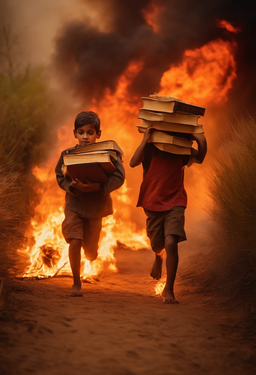 CHILDREN CARRYING BOOKS AND BREAD IN THEIR HANDS WHILE ESCAPE FROM FIRE