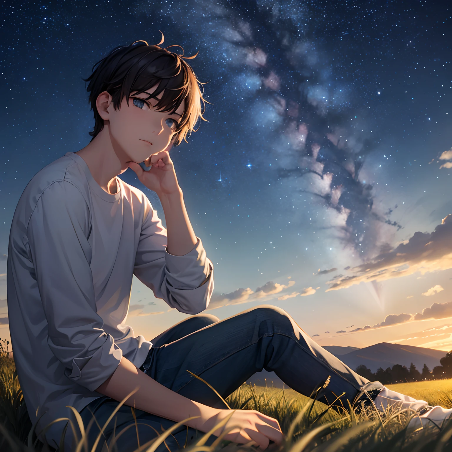 starrysky,grassy fields,A 20-year-old boy in casual clothes sits under a tree,The boy looked up at the starry sky,yearning,the night,Faraway view
