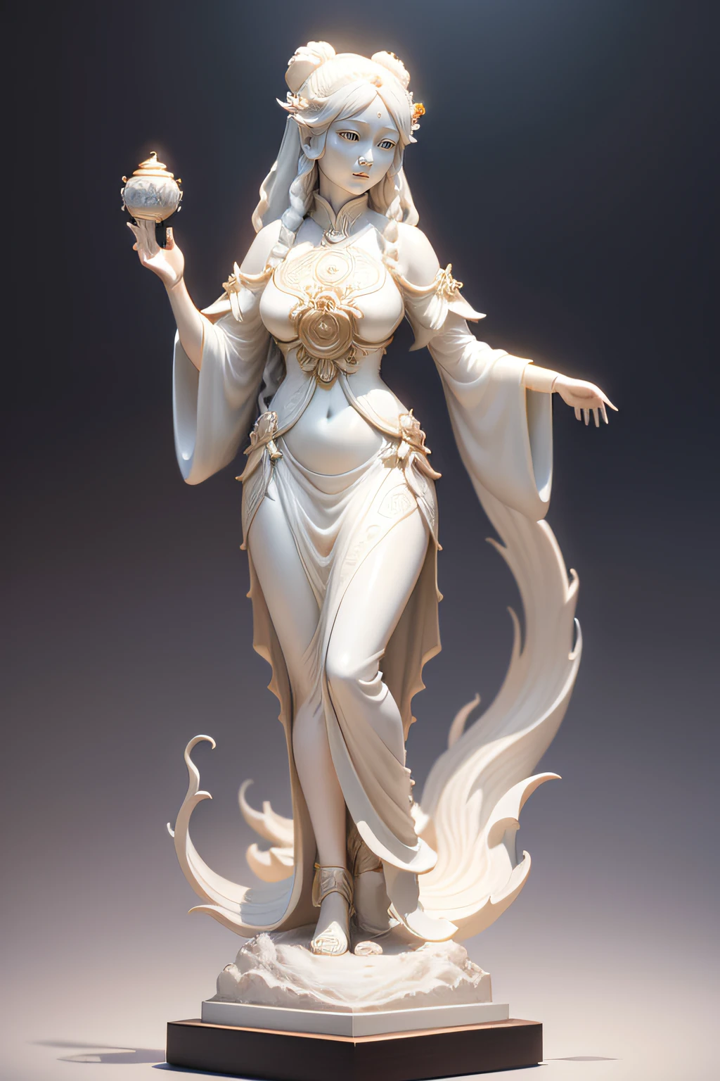 Woman holding a lute，Full body statue，China-style，Inspired by Chen Rong's marble sculptures, featured on zbrush central, Art Nouveau, ivory carving, carved ivory, Goddess. Extremely high detail, extremely detailed goddess shot, Ornamental bone carvings, Persephone sculpture, resin statue, highly detailed sculpture, guanyin of the southern seas