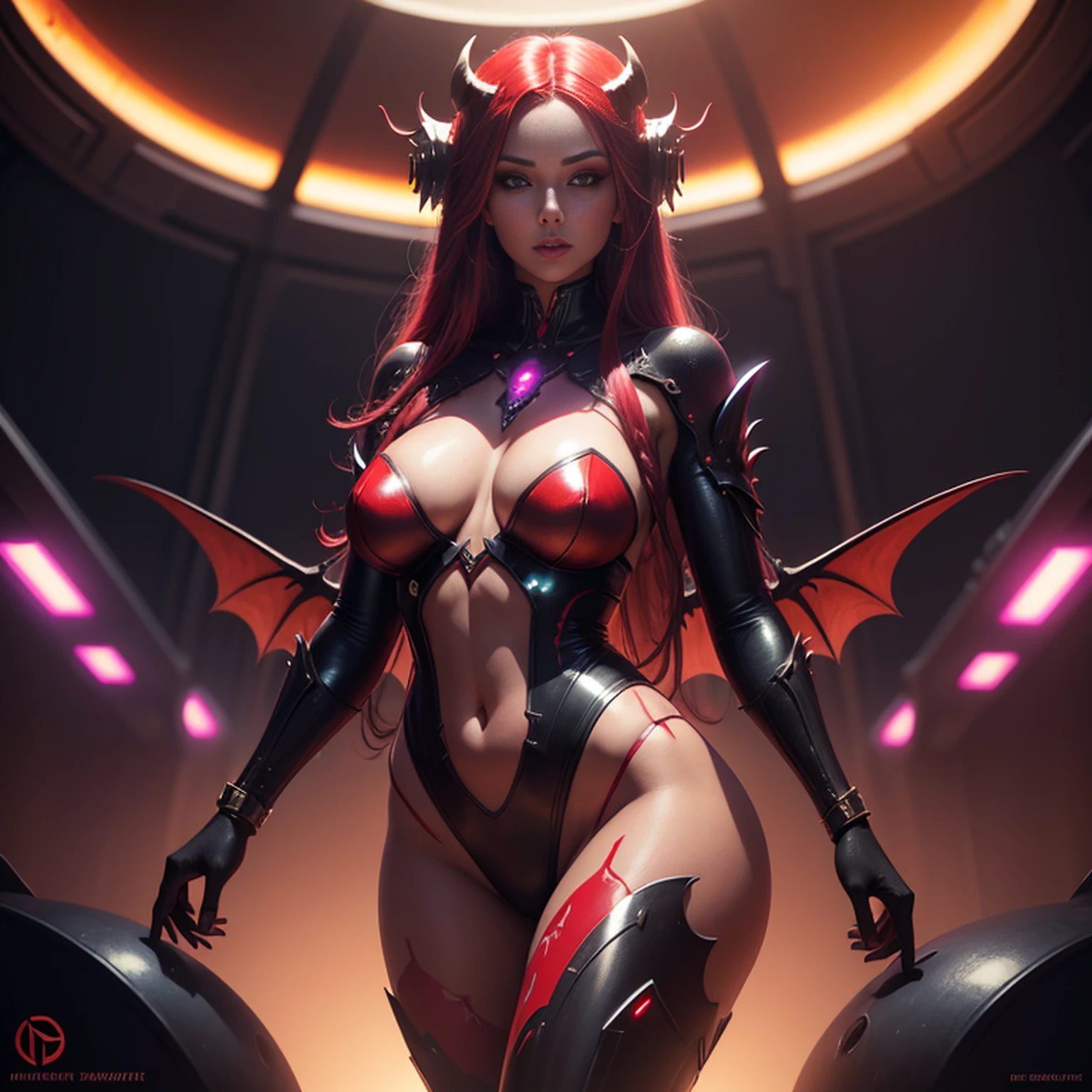 trending on artstation, masterpiece, a beautiful succubus devil wearing spacesuite in a spaceship, red skin, demon, devil, scifi, science fiction, digital art, detailed, atmospheric lighting, dim light