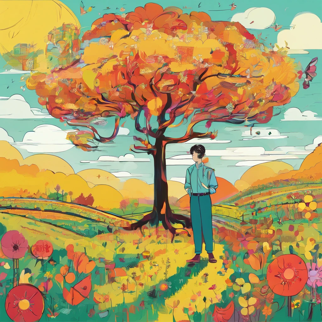 Araped man standing in front of a tree in a field, Declan McKenna, In front of the forest background, In nature, inspired by Bian Shoumin, album art, Standing in a Flower Garden, In the field, album cover!, Next to the tree, With tall trees, Lofi Portrait, With the tree, Standing in a Flower Garden, On a sunny day
