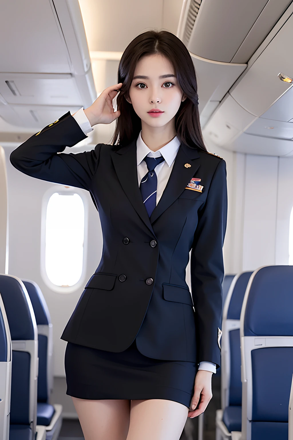 Top Quality, Masterpiece, 8K, Ultra High Definition, (Photorealistic: 1.4), 1 Girl, Beautiful Face, Symmetrical Eyes, Big, Perfect Body Proportions, Stewardess Uniform, Viewer's Look, (Inside the Airplane: 1.2), Front View, Shoulder Jump, Absolute Area (1.3),