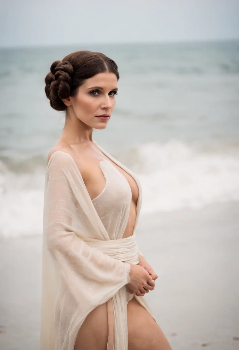 fully naked Princess Leia on the beach. without any clothes