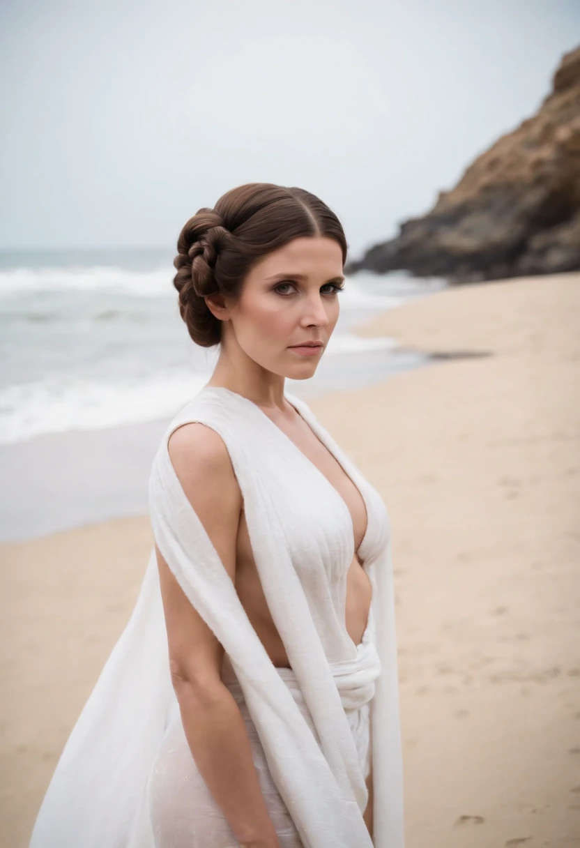 fully naked Princess Leia on the beach. without any clothes