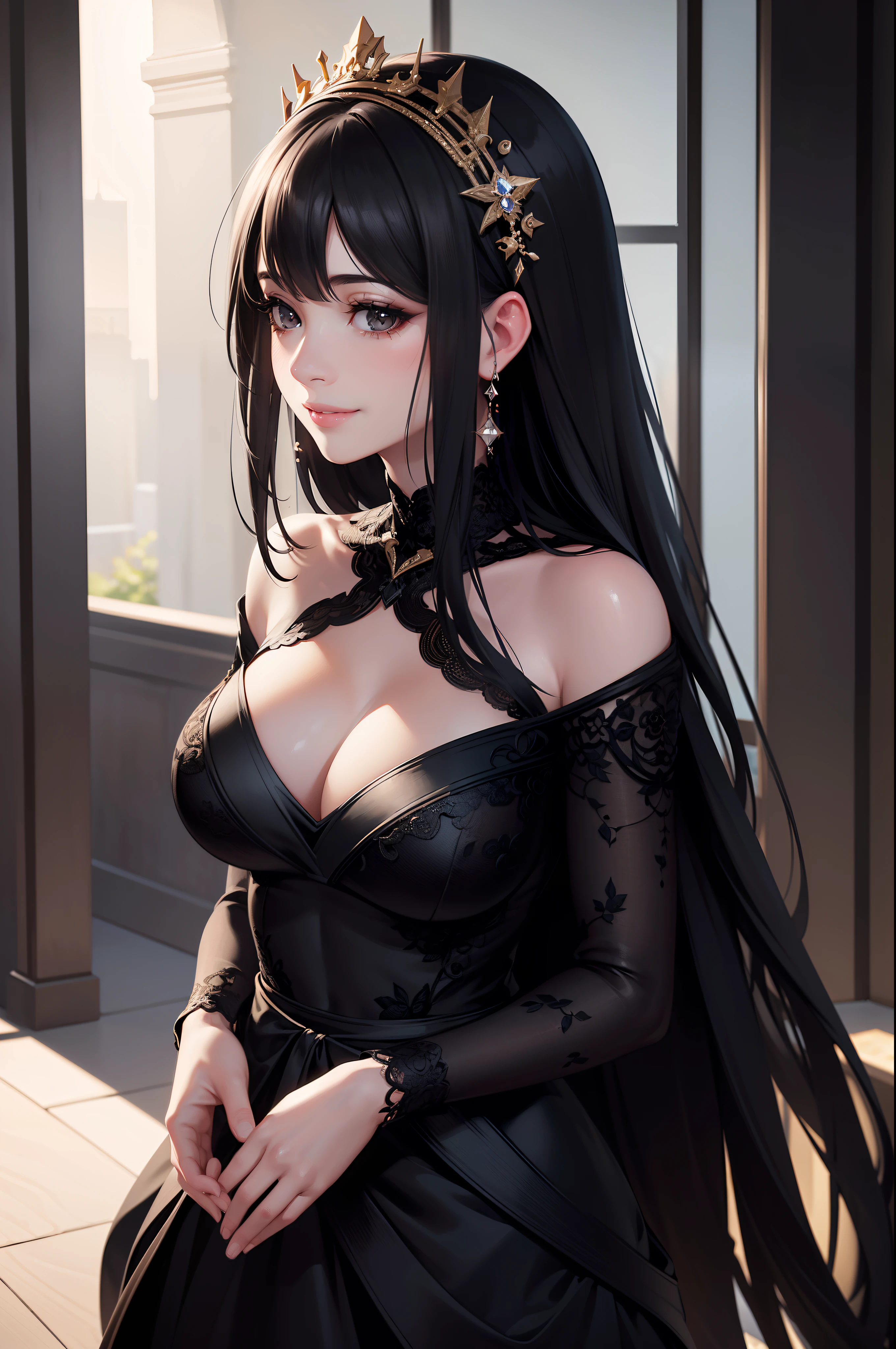 (Ultra realistic, super detailed, 8k), A beautiful, serene woman, black hair, black eyes, looking at viewer, smiling gracefully, covered gown, a touch of warmth, (2d illustration:1.2), bokeh effect, depth of field, ((sfw))