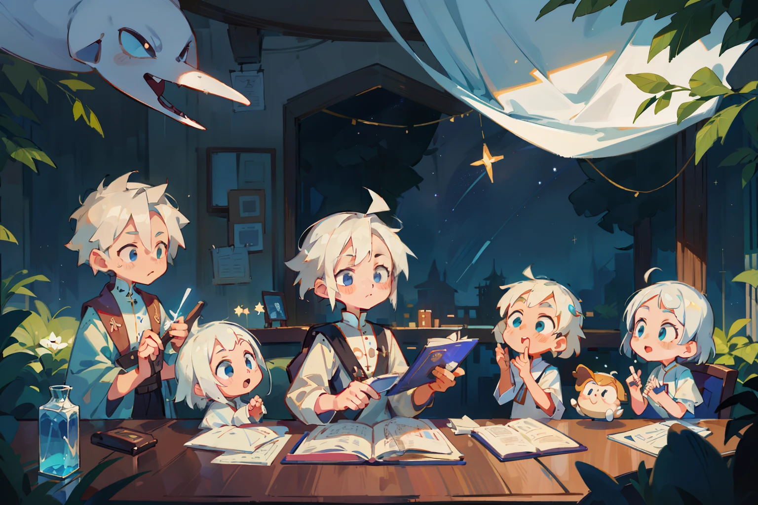(tmasterpiece,Best quality at best),,highly details, Ultra-detailed 8K, 超高分辨率,ssmile,finely detailed facial features,1 elegant young man and 4 lovely kids in a room full of stars,(20-year-old man:Adult men,White priest,White hair),( boy:White priest),(6year old girl:White priest dress),Bask in starlight,Galaxy Academy,cyber punk perssonage,sense of science and technology,perfect compositions,