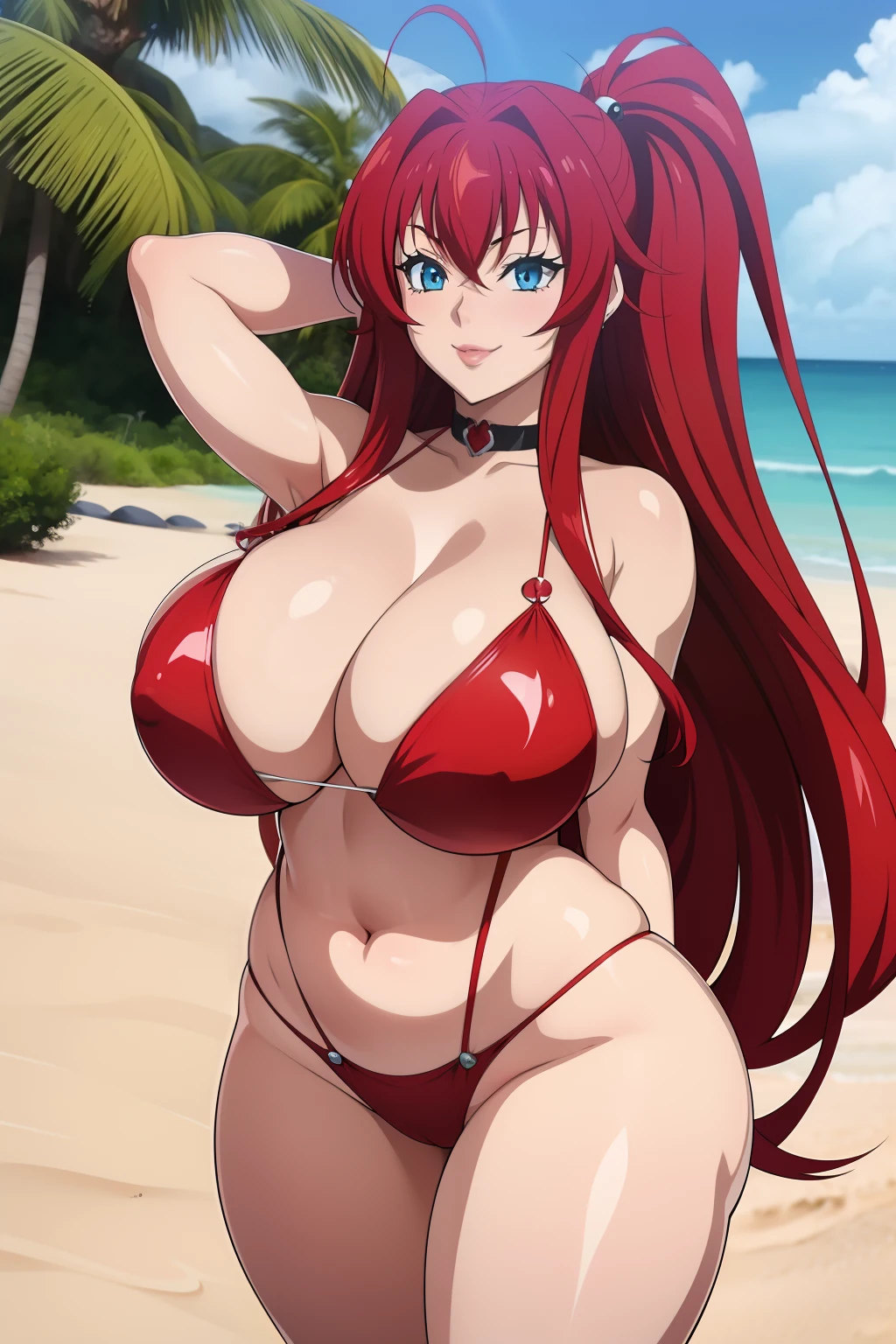 Highschool dxd, Rias Gremory,1girl, (((bimbo))), long red hair , blue eyes, ear rings, (((bimbo))), puffy lips, painted lips, thick lips, smile face, wide hips, thick thighs, red bikini, huge round ass, huge natural Hitomi Tanaka breasts, posing, full body, on the beach