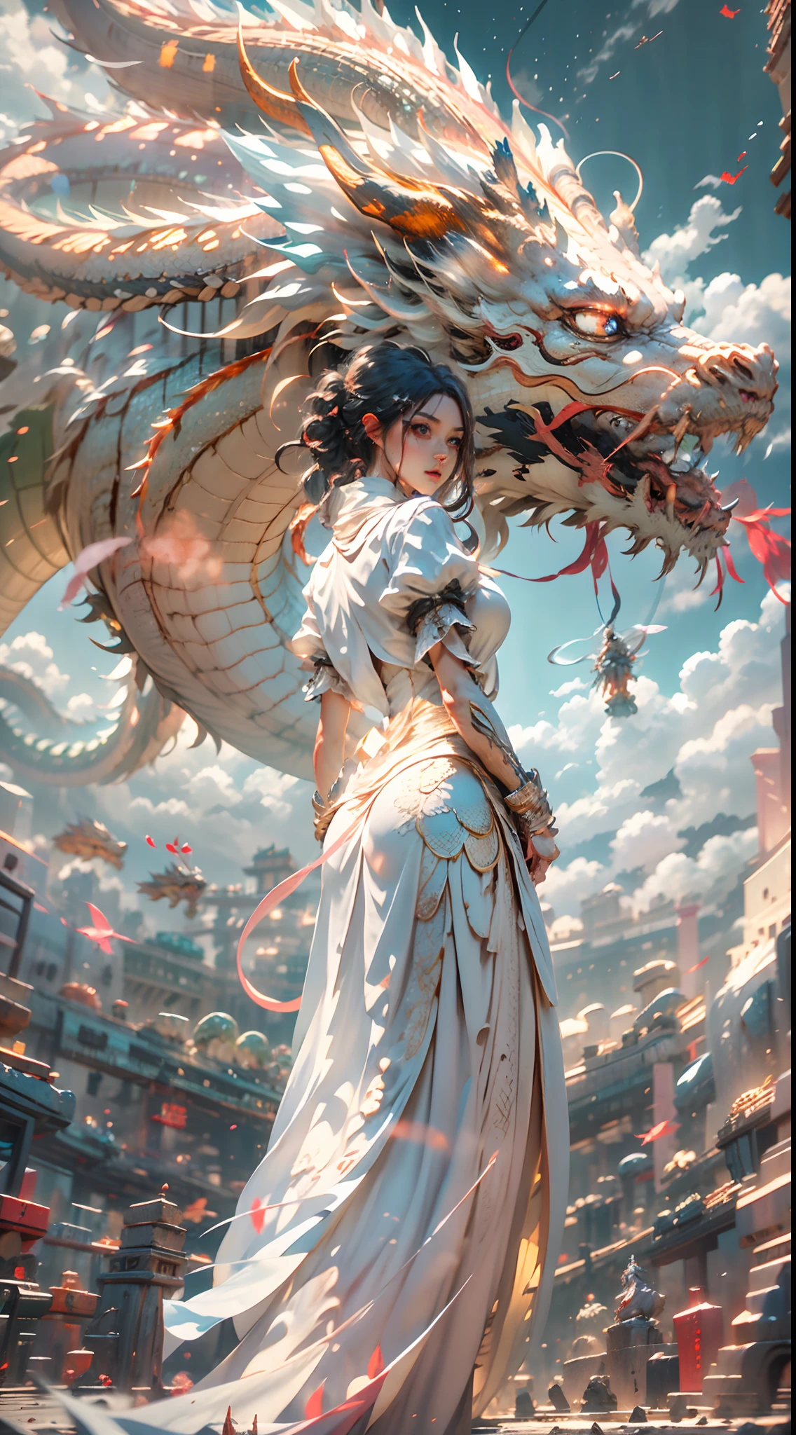 The Chinese White Divine Dragon soared into the air,(Girl manipulates dragons:1.3),(The girl has her back to the camera:1.3),Girls are smaller,Sky clouds surround the surroundings,Light magic,Fantastic background,Meaning background,Ridiculous background,There are artistic overlays,multicolored hair, surrealism, Cinematic lighting, Ray tracing, god light, speed-line, angle of view, hyper HD, Masterpiece, Best quality, Super detail, A high resolution, High quality,(Far view:1.3)